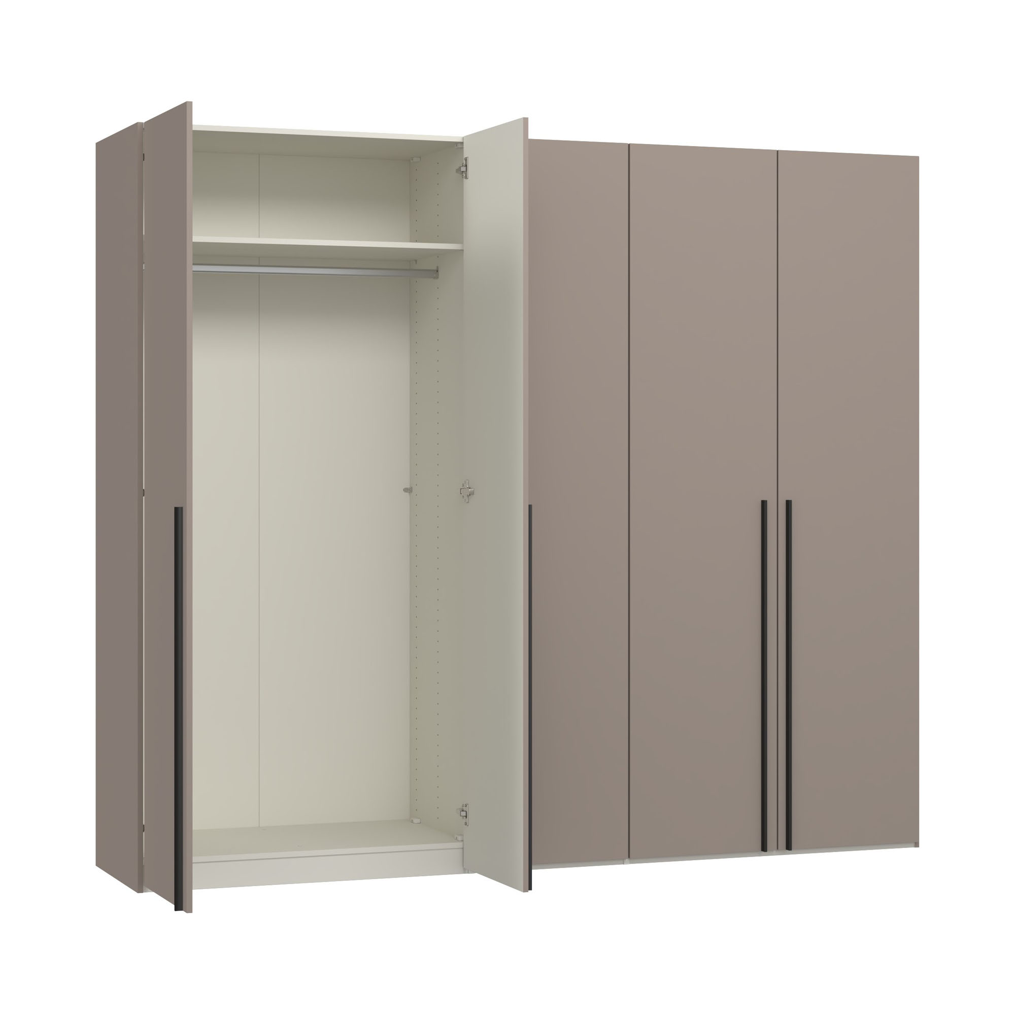 Fünftüriger Kleiderschrank mit links geöffneter Tür und sichtbarem Innenraum mit Stauraumaufteilung