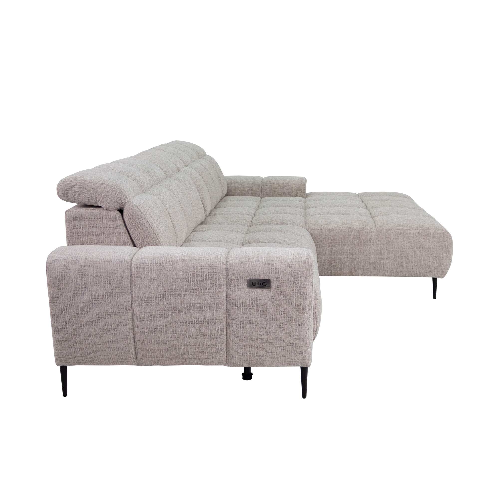 Linke Seitenansicht des Ecksofas mit gepolsterter Armlehne, seitlichem Bedienelement und Ottomane rechts