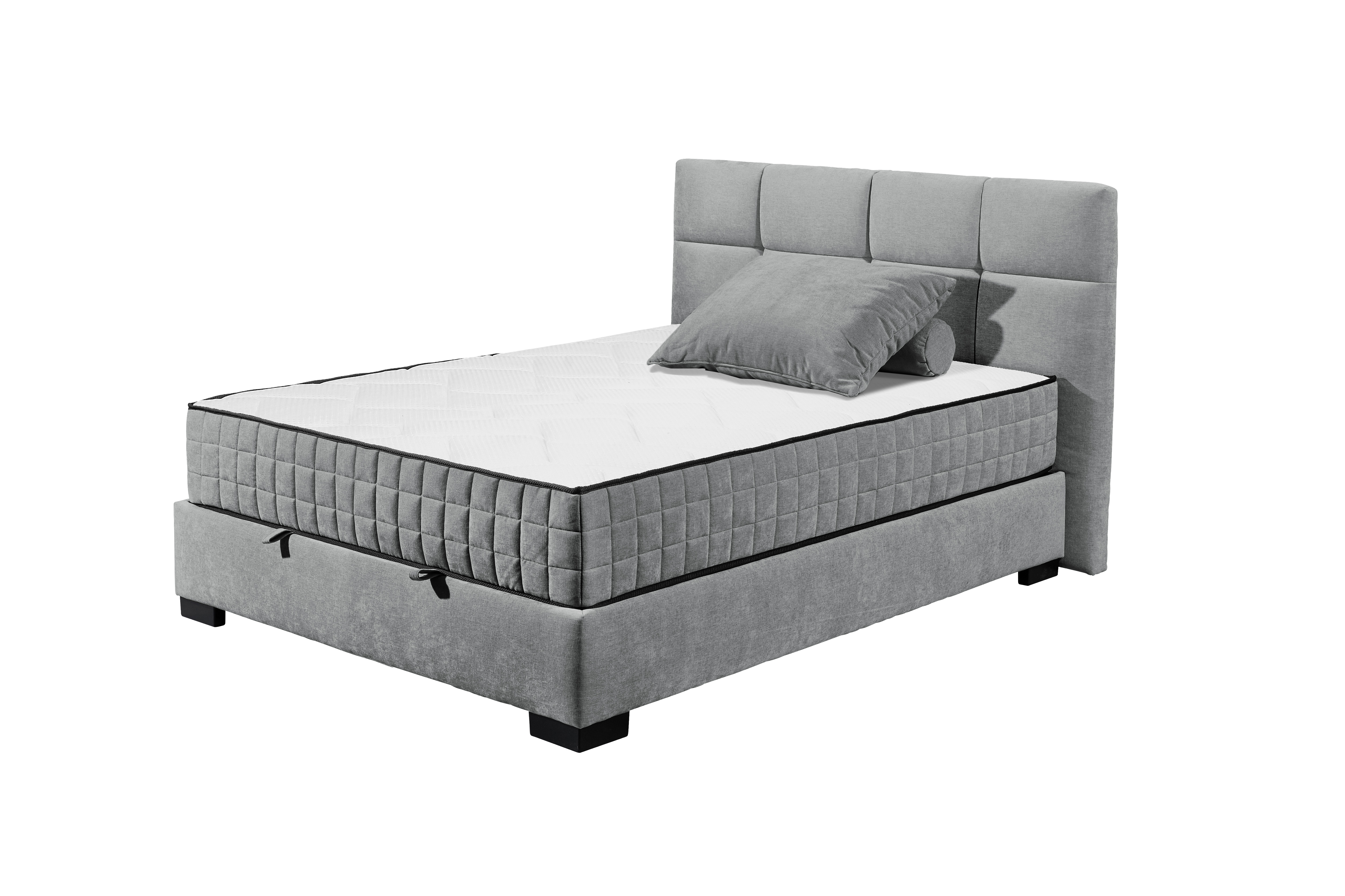 Boxspringbett „Wind 89 anthrazit“ mit Premium-9-Zonen-Tonnentaschenfederkern-Matratze, Kunststofffüßen und Bettkasten, Liegefläche 120x200 cm, schräg fotografiert, dekoriert mit Kissen