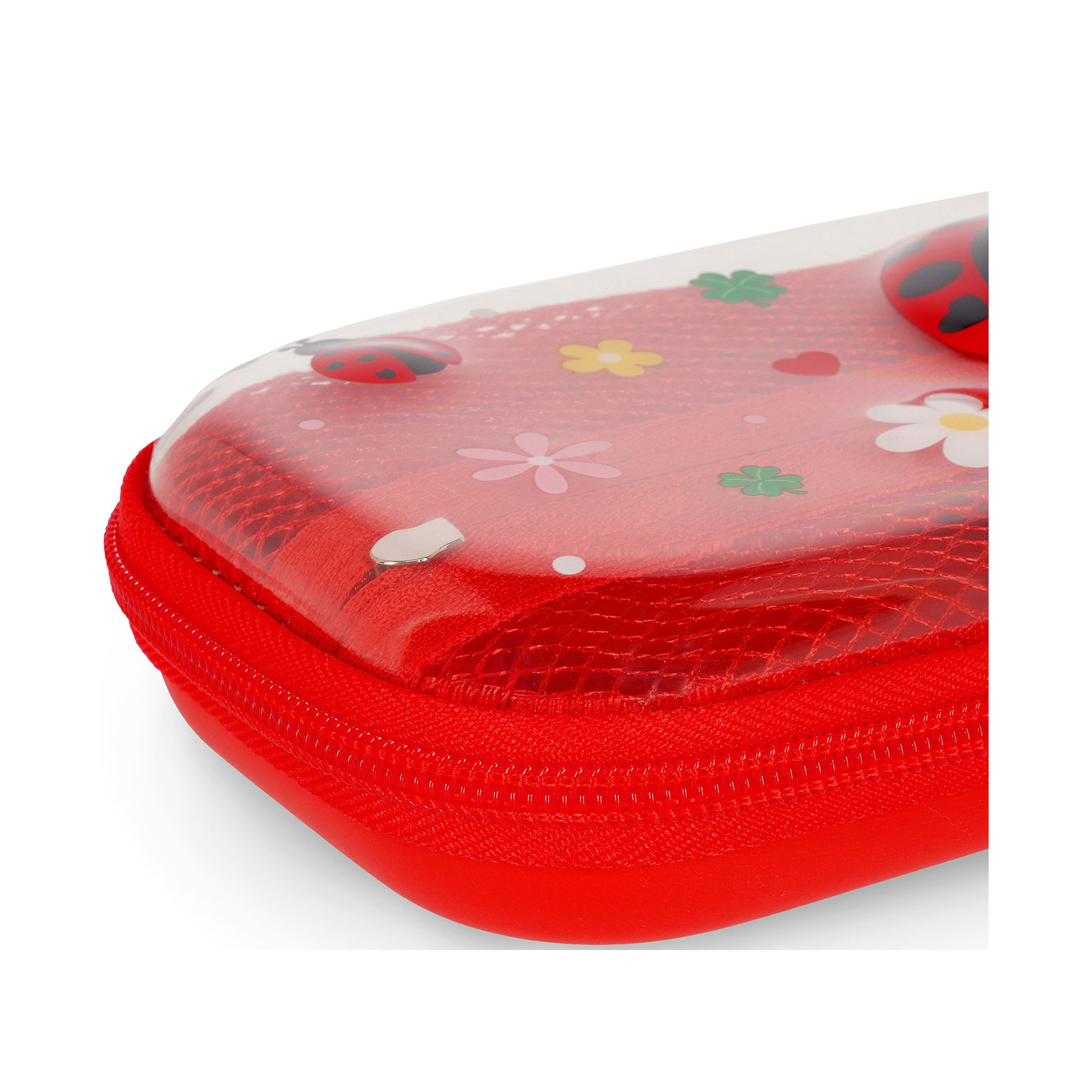 Rotes Federmäppchen im Marienkäfer-Design, in Nahaufnahme mit Reißverschluss, Naht und abgerundeter Kante dargestellt.