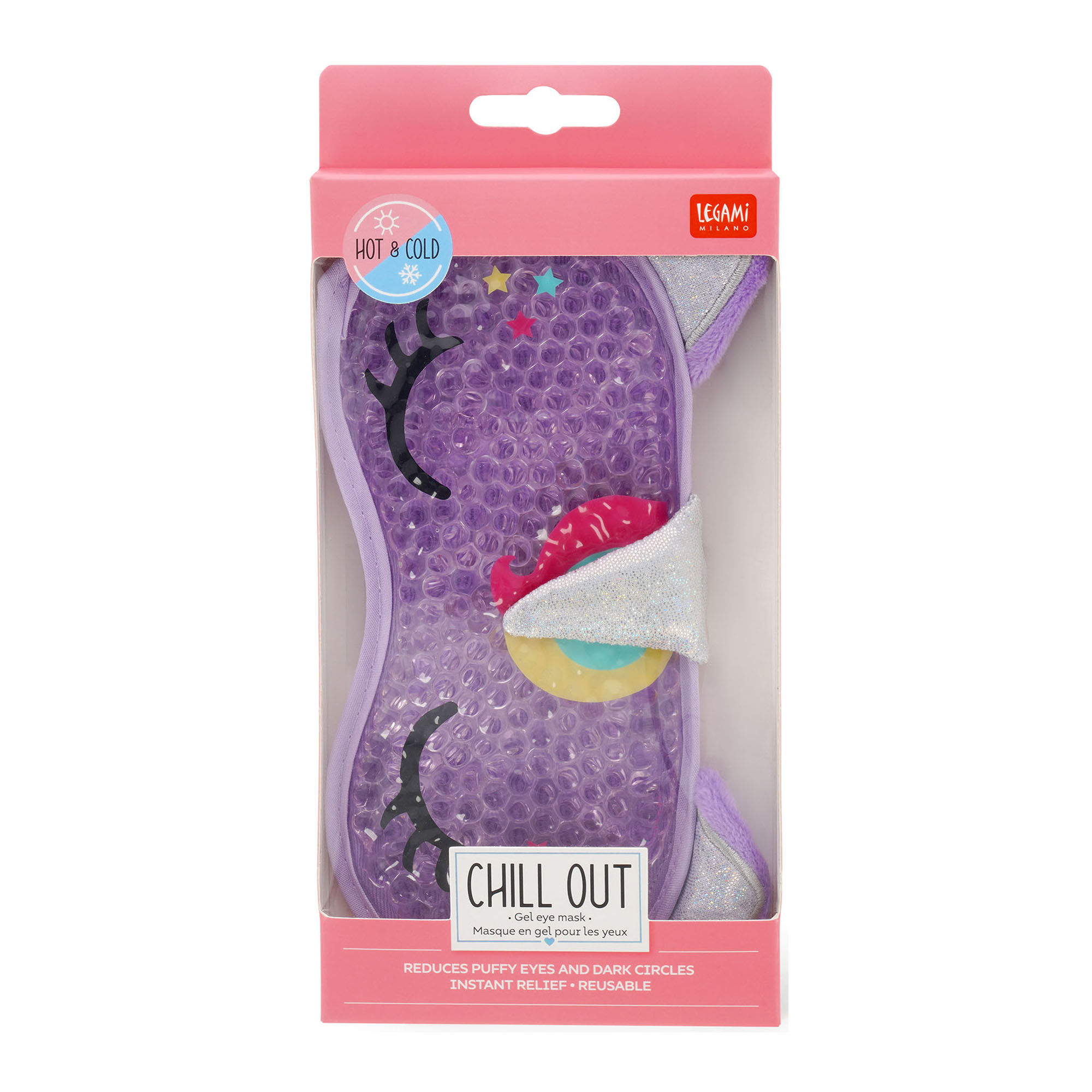 Lila Gel-Augenmaske im Einhorn-Design, in einer transparenten Blisterverpackung abgebildet.
