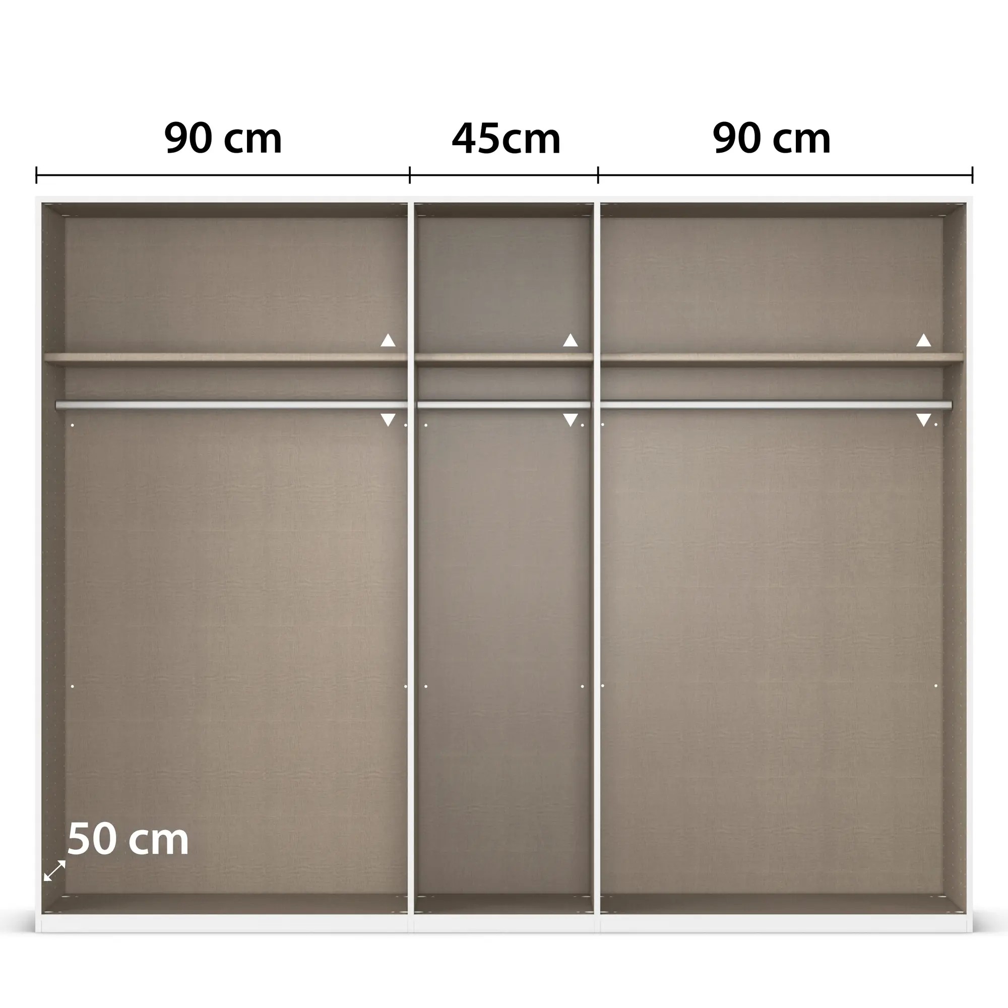 Innenansicht eines 5-türigen Kleiderschranks mit drei Fächern, Einlegeböden und Kleiderstangen, mittleres Fach 45 cm breit