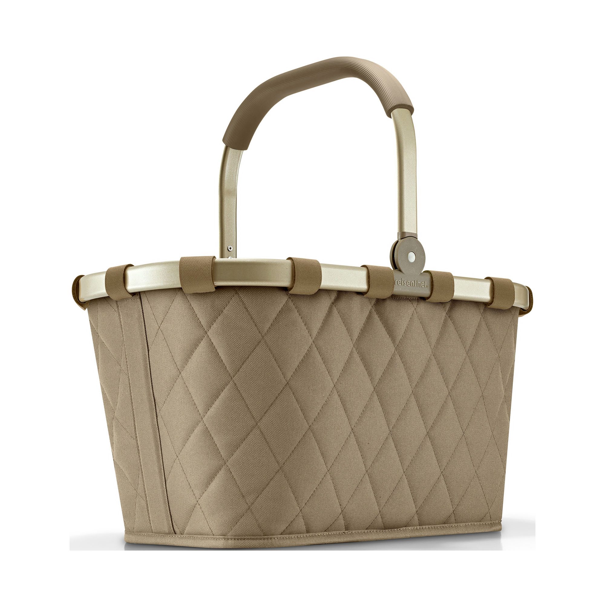 Einkaufskorb von Reisenthel, Modell Carrybag, in Olivbeige mit Rautensteppung und hellen Rahmendetails, frontal mit hochgestelltem Griff.