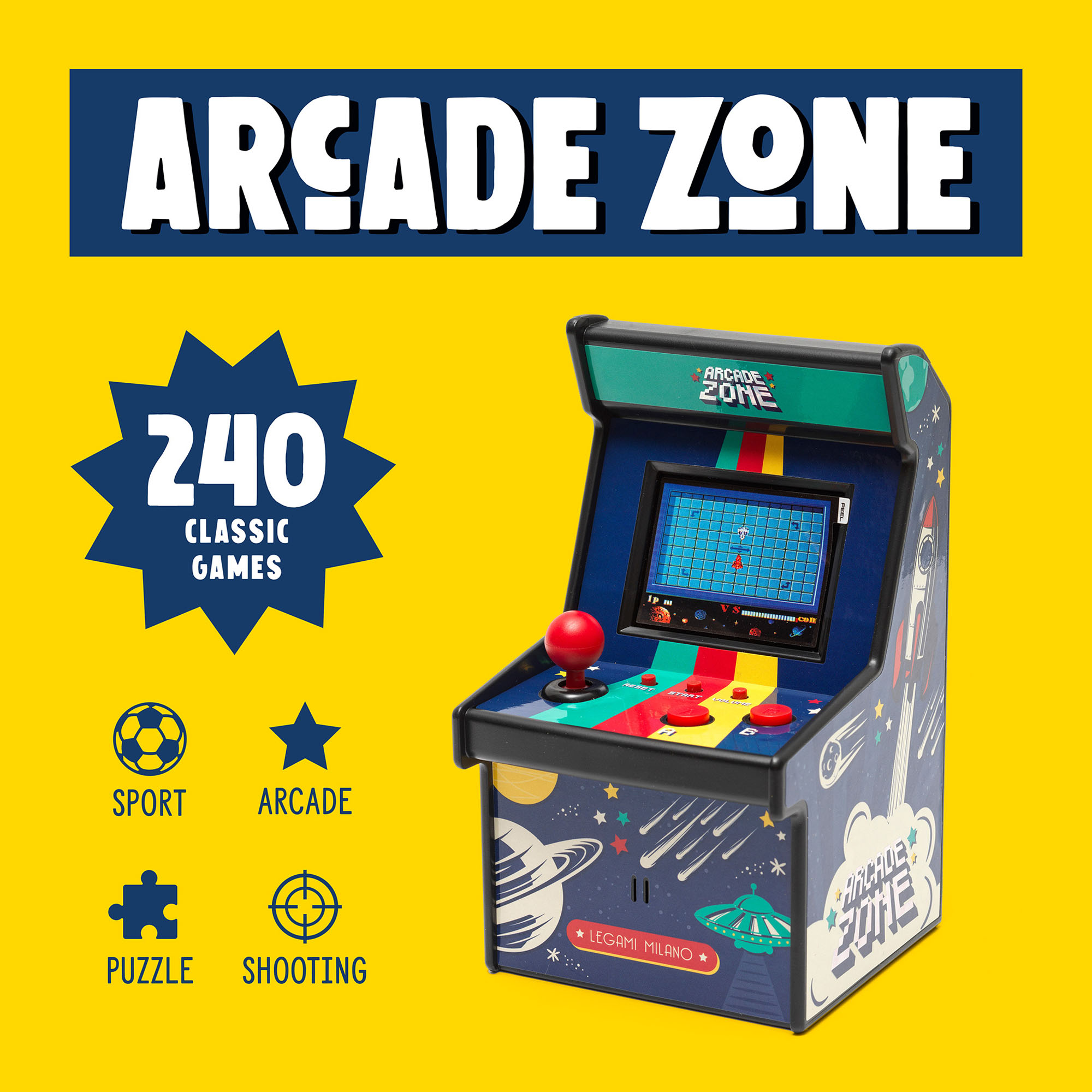 Mini-Arcade-Spiel mit Weltraumdesign, in einer gelben Grafik mit Hinweis auf viele enthaltene Spiele gezeigt.