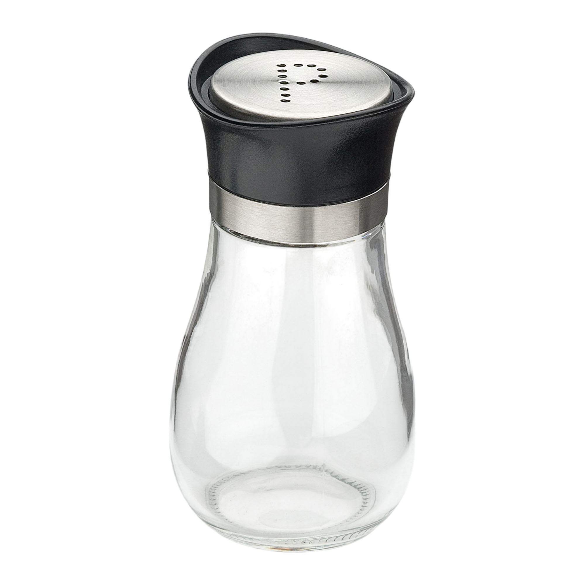 Pfefferstreuer Glas/Edelstahl Life Style: klarer Glas-Pfefferstreuer mit schwarzem Oberteil, Edelstahlring und kleiner Lochgruppe auf der Streufläche.