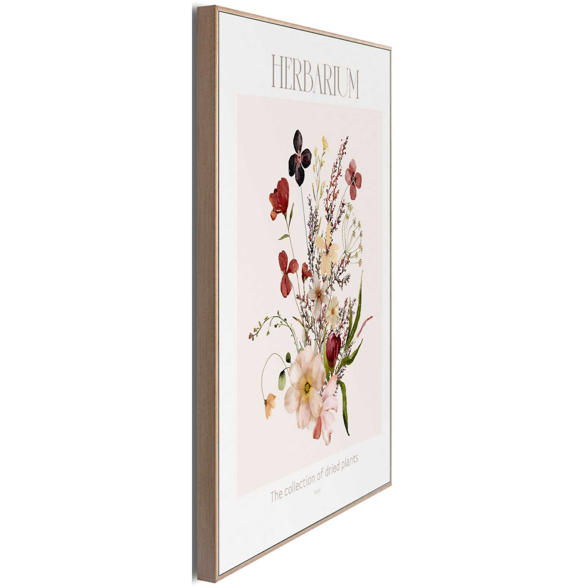 Seitliche Schrägansicht des Wandbilds „Herbarium“, 30 × 40 cm; Profil, Kante und Tiefe des Bildes sind erkennbar.