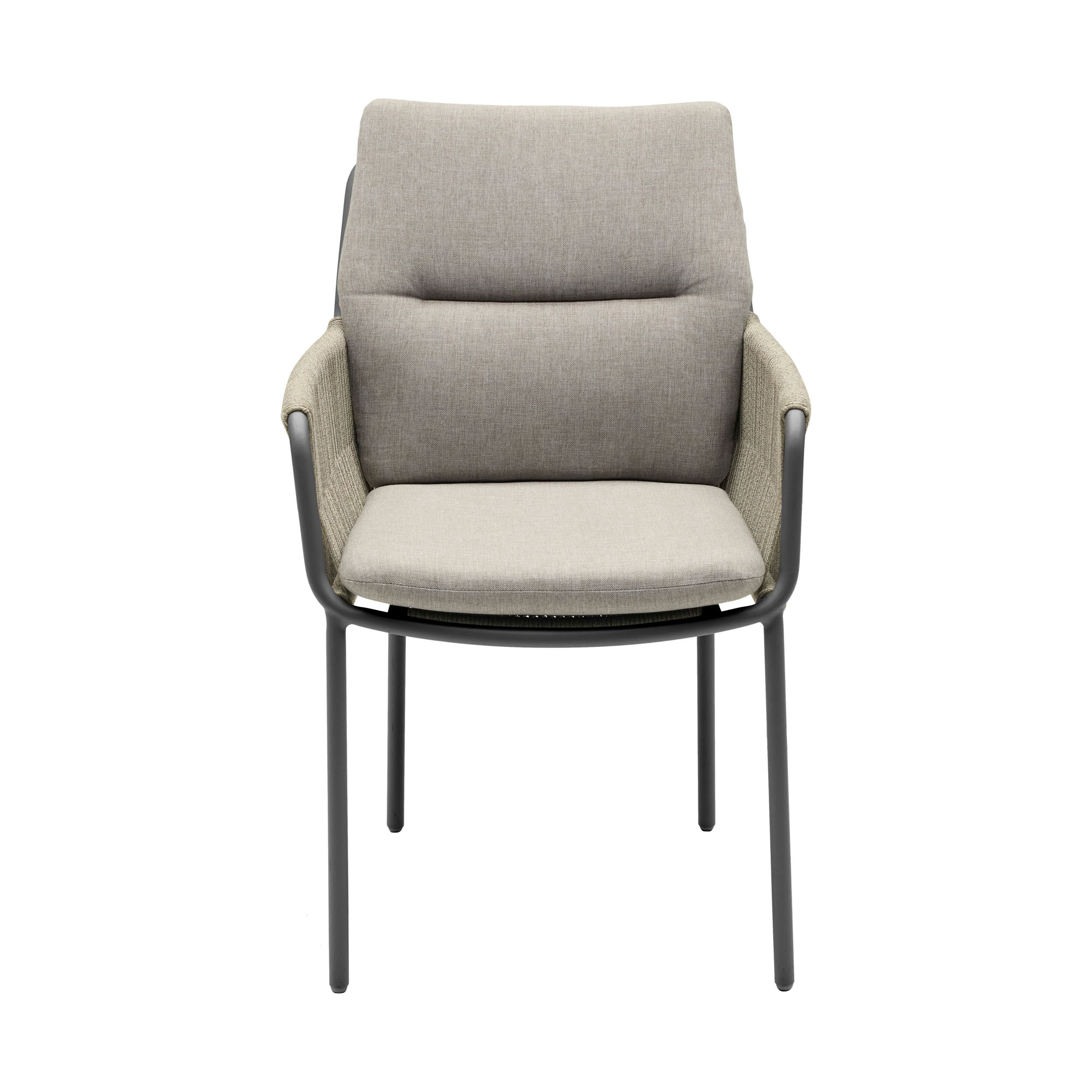 Gartenstuhl mit Sitzkissen, Rückenlehne und Armlehnen, Ansicht von vorne