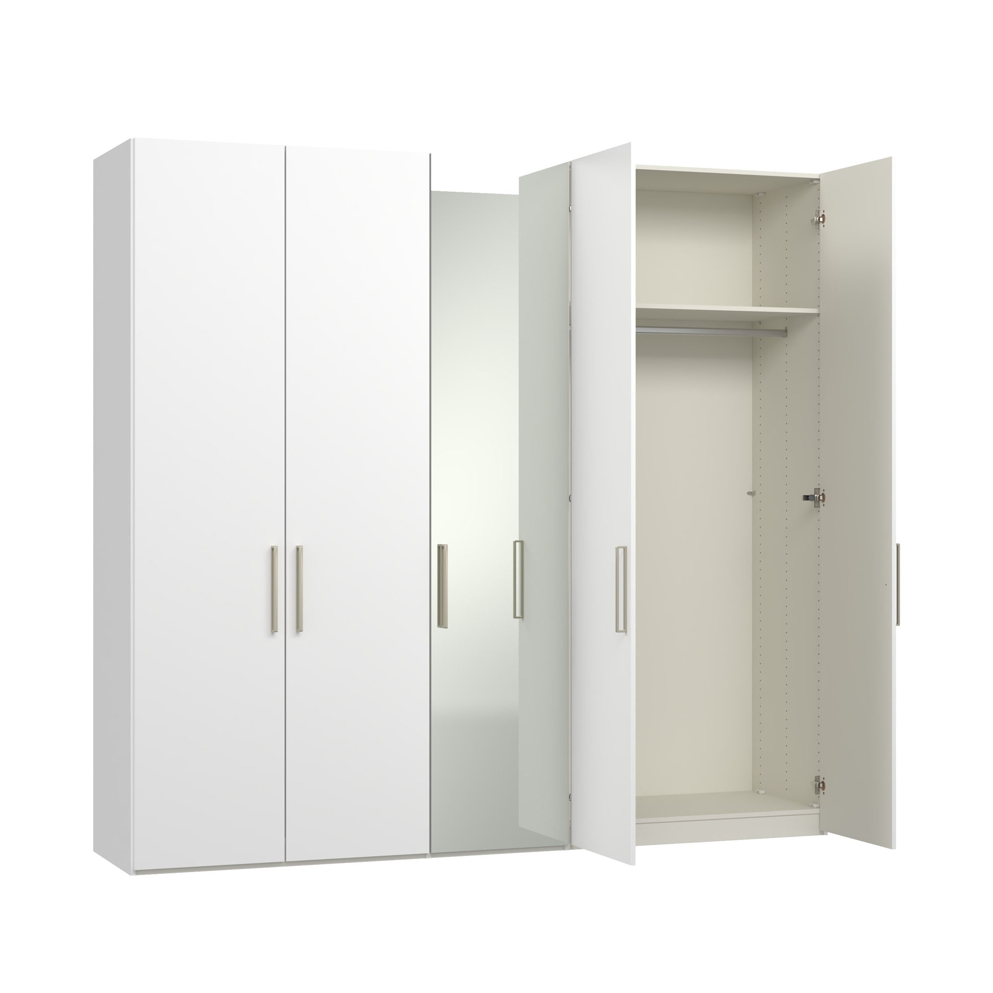 Drehtürenschrank mit teilweise geöffneter Spiegeltür und sichtbarem Innenraum