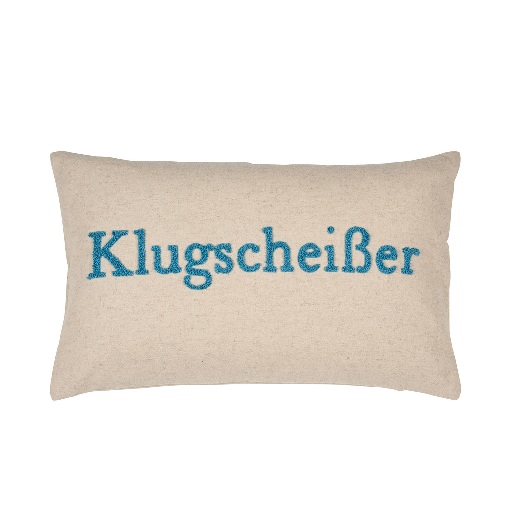Beige Kissenhülle Notes, 30 × 50 cm, mit blauem Schriftzug „Klugscheißer“ auf der Vorderseite.