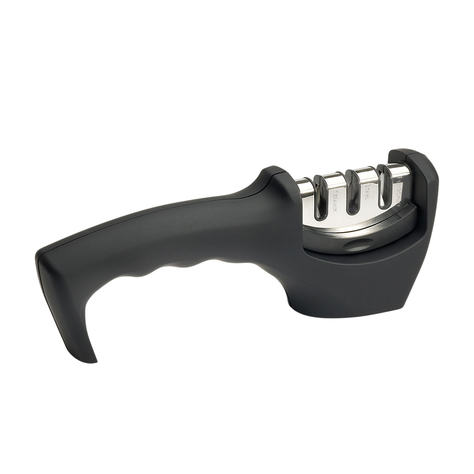 Schärfer f.Keramik/Stahlmesser Küchenchef: schwarzer Hand-Messerschärfer mit ergonomischem Griff und drei metallischen Schärfschlitzen.