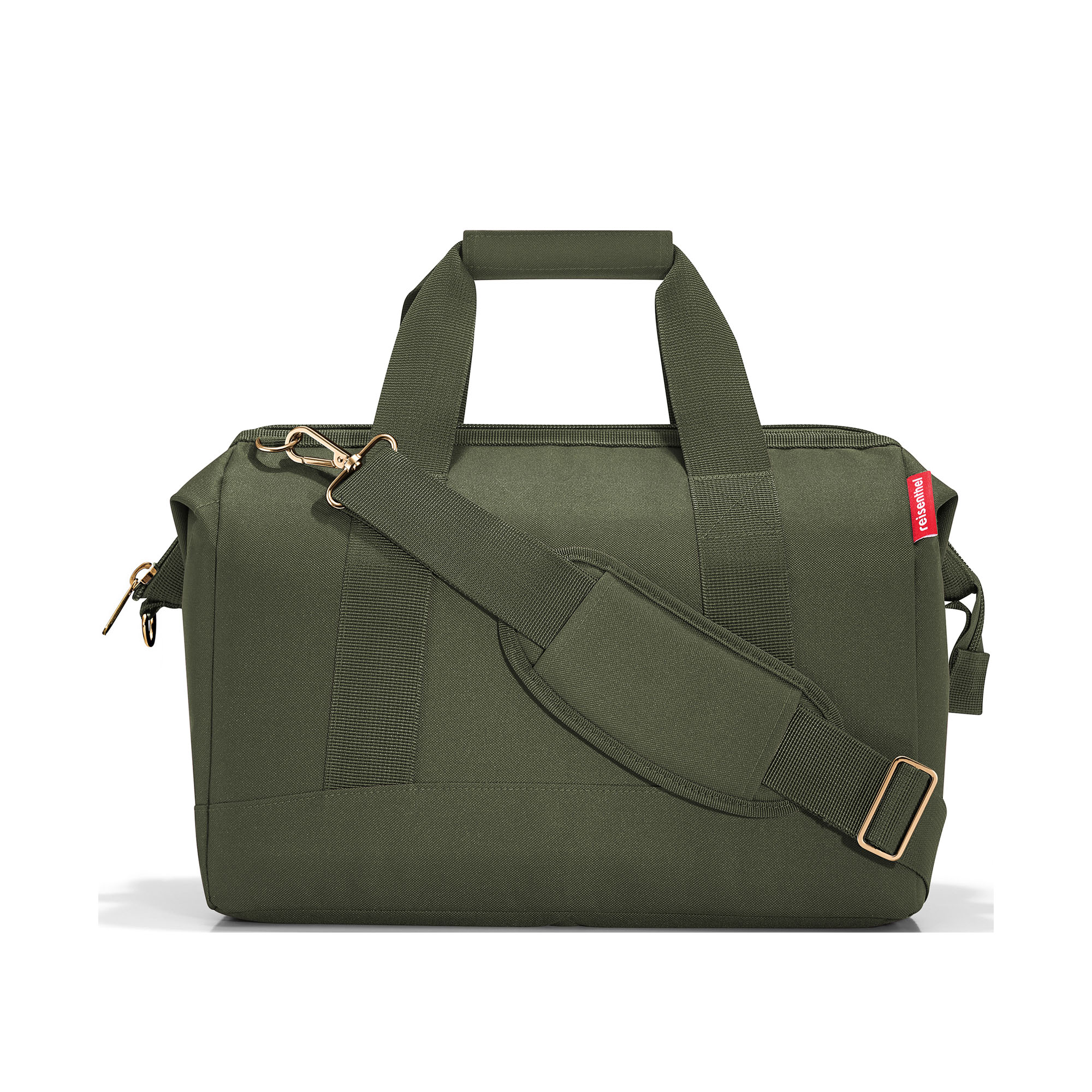 Reisetasche von Reisenthel, Modell Allrounder M, in Olivgrün mit goldfarbenen Beschlägen, frontal mit Tragegriffen und abnehmbarem Schultergurt