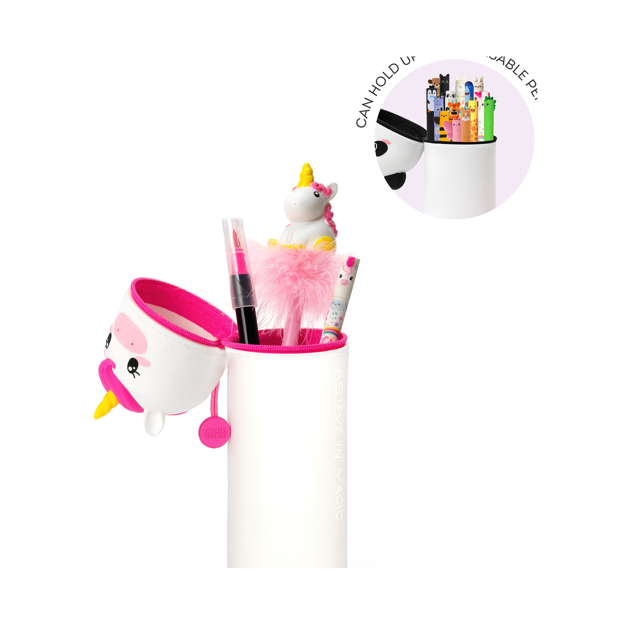 Weißes 2-in-1-Silikon-Federmäppchen im Einhorn-Design, teilweise geöffnet mit eingeblendeter Darstellung der verstellbaren Höhe gezeigt.