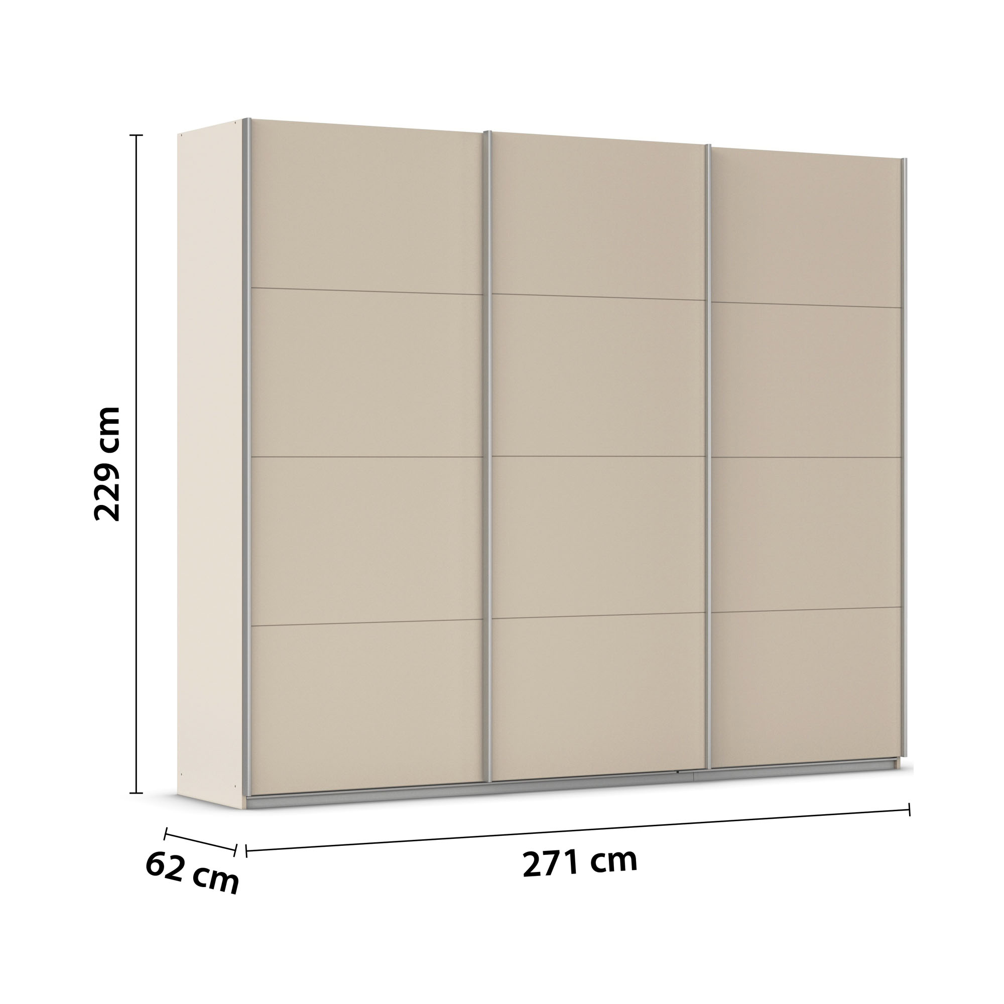 Champagnerfarbener Schwebetürenschrank mit Maßangaben 271 cm Breite, 229 cm Höhe und 62 cm Tiefe