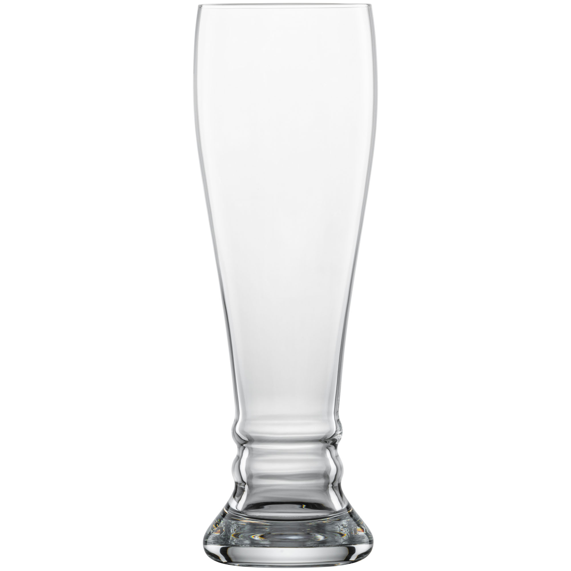 Freigestelltes leeres geschwungenes Beer-Basic-Weizenbierglas, frontal mit vollständig sichtbarer Kontur und Glasboden.