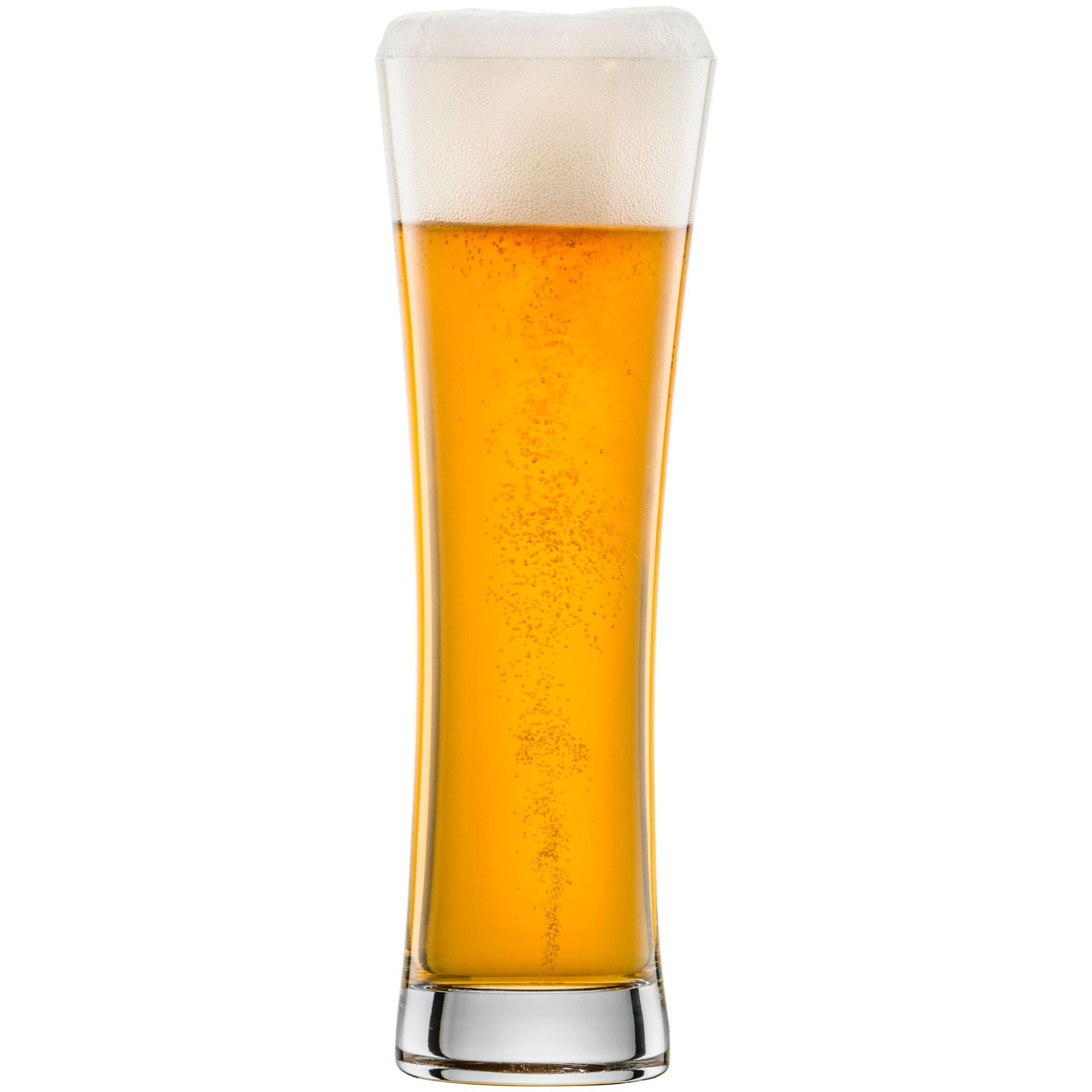 Schlankes Beer-Basic-Weizenbierglas mit goldenem Bier und heller Schaumkrone auf weißem Hintergrund.