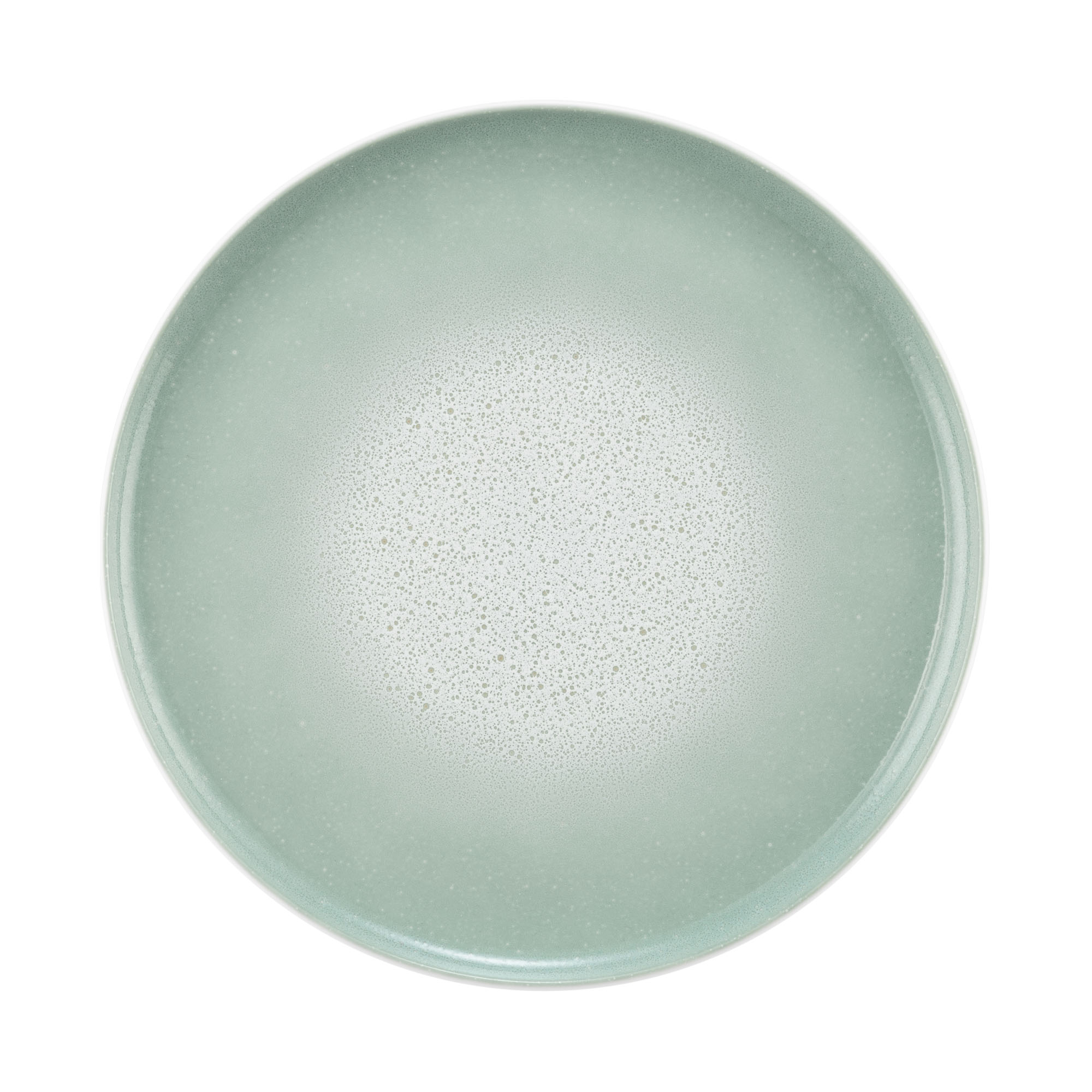 Teller in Mint; Draufsicht. Sichtbare Gestaltung: rund mit dicht gesprenkeltem Farbverlauf.