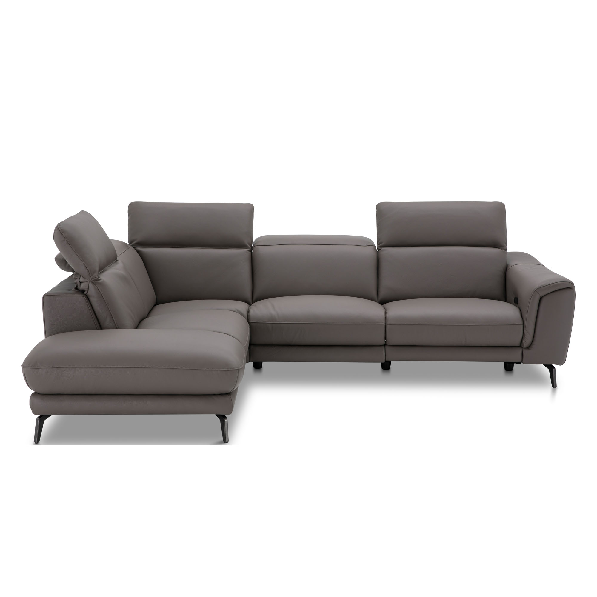 Graues Ecksofa mit Recamiere links und individuell verstellbaren Rückenlehnen
