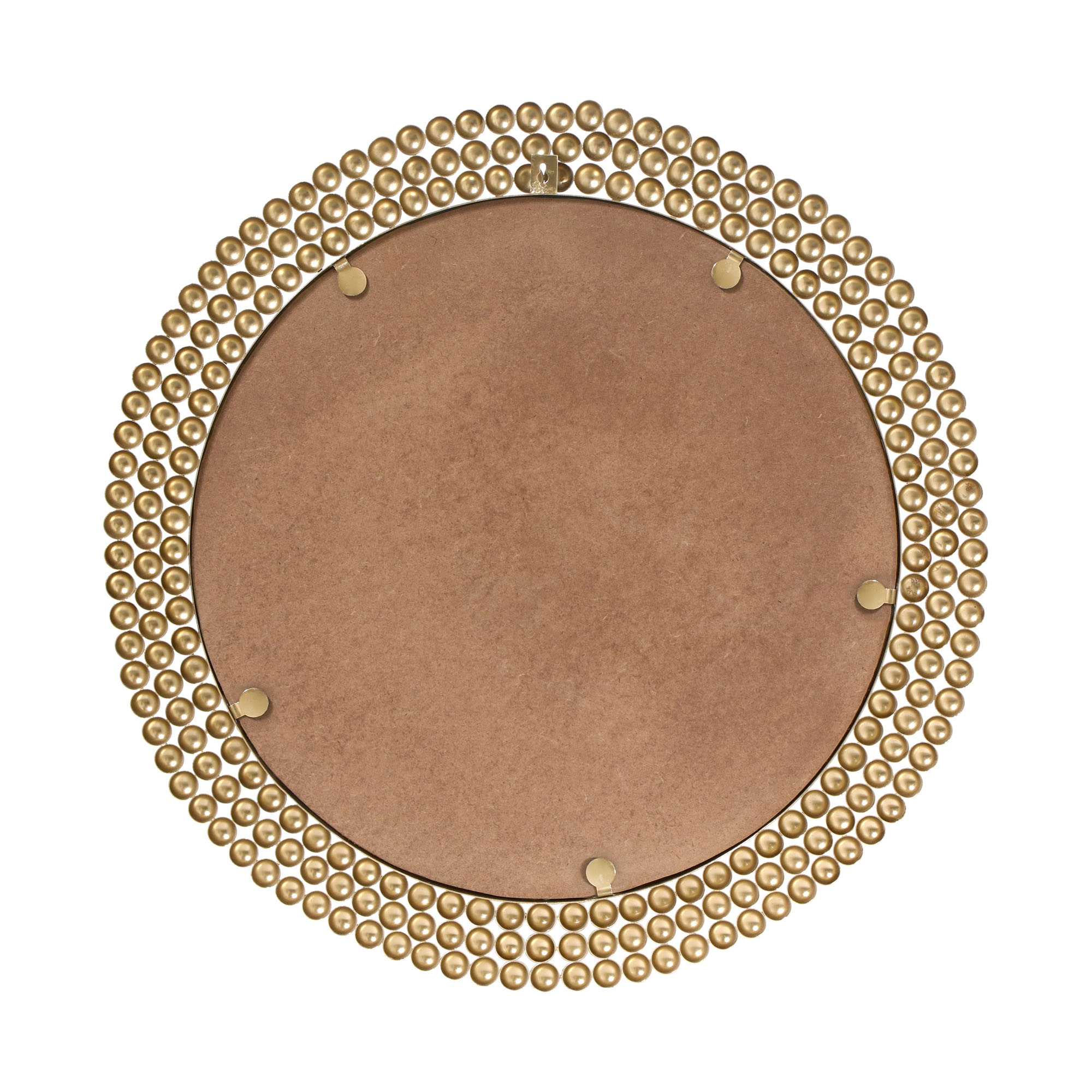 Spiegel Amila in Gold, von der Rückseite mit runder Trägerplatte und umlaufendem Kugelrahmen; Maße ca. 76 x 76 x 2 cm.