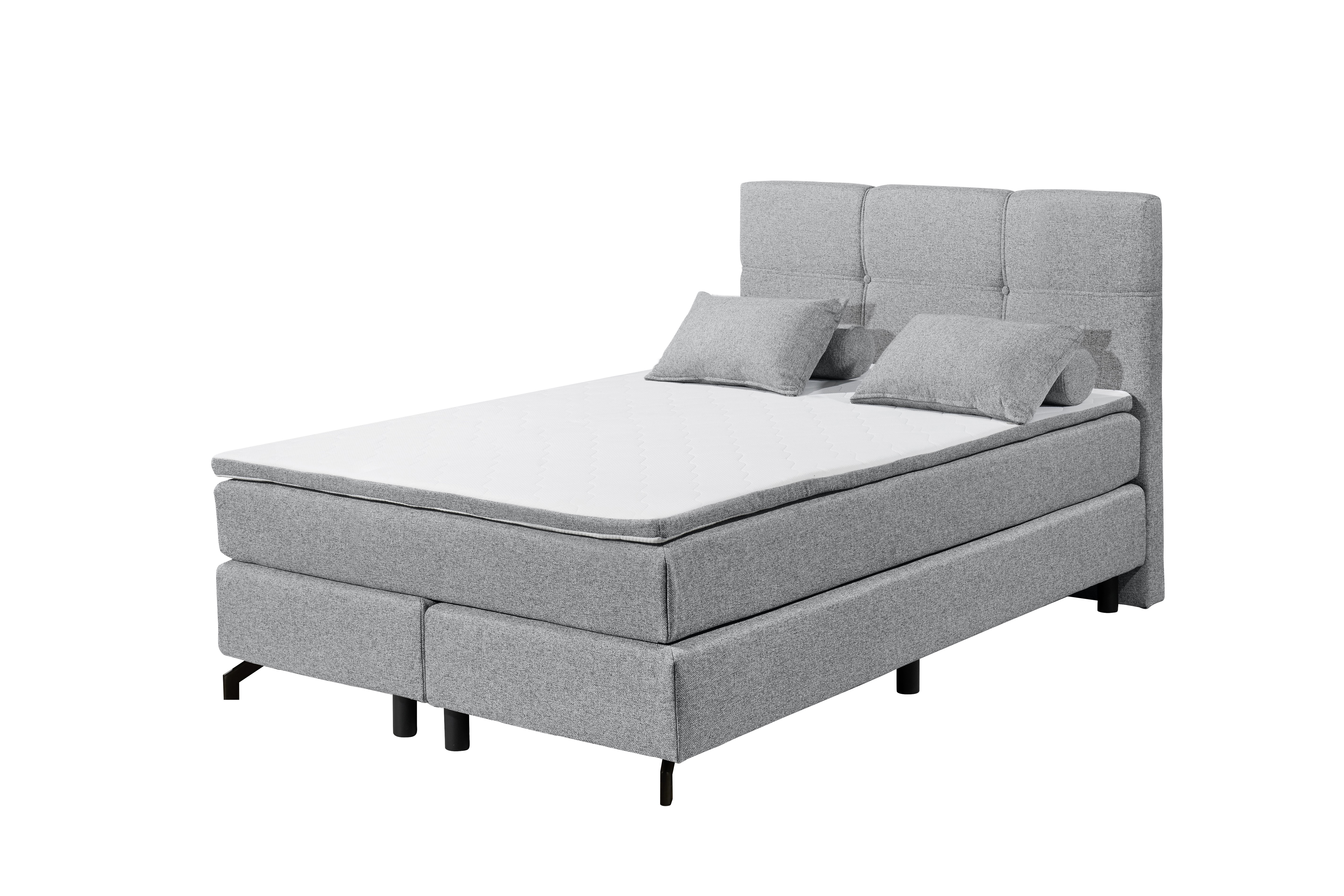 Modernes Boxspringbett „Lumos 08 grey“ mit Komfort-T25-Schaum-Topper und Tonnentaschenfederkern-Matratze, 140x200 cm Liegefläche, aus schräger Perspektive fotografiert, dekoriert mit Kissen