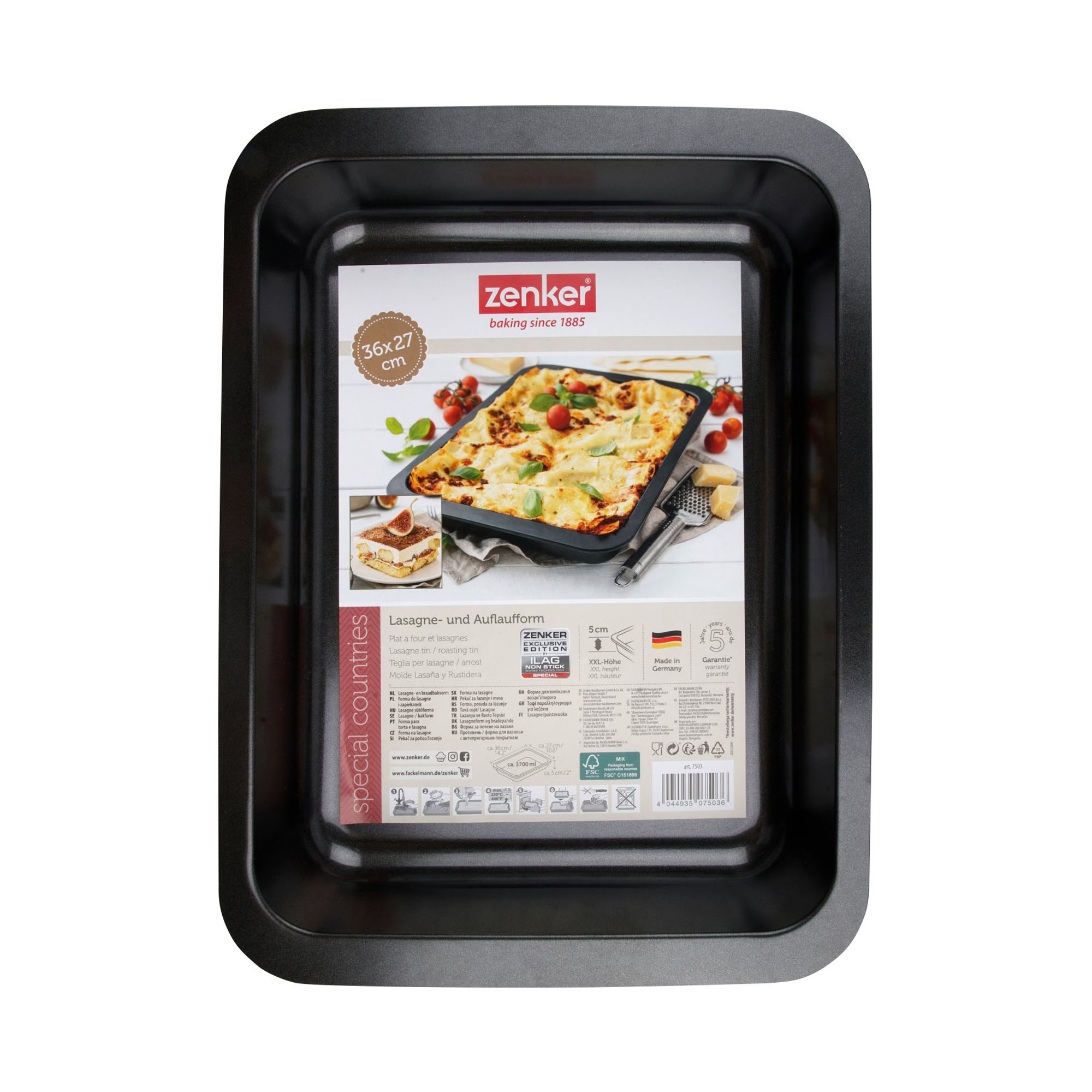 Auflaufform mit Verpackungseinleger und Größenangabe 36x27 cm sowie Lasagne Serviervorschlag