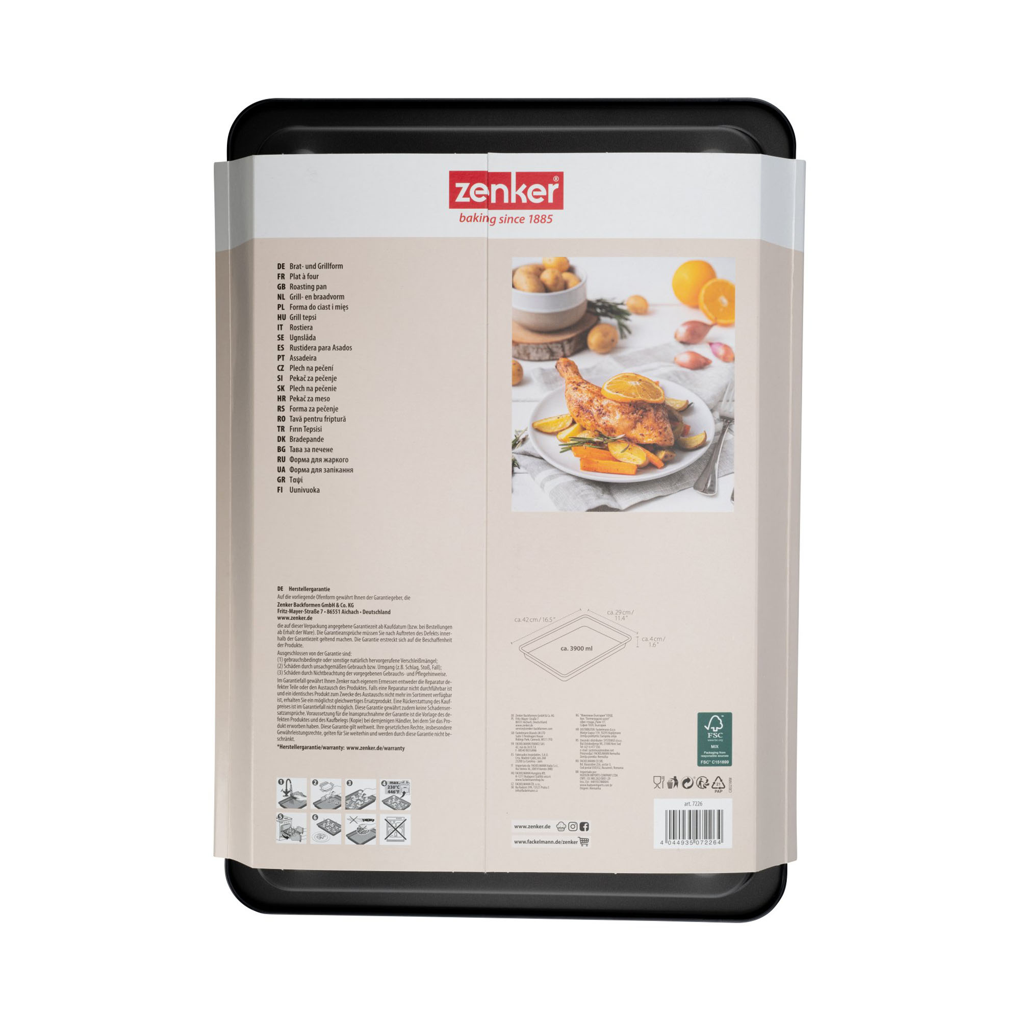 Rückseite der Verpackung einer Zenker Bratform mit Produktinformationen, Maßen und Anwendungshinweisen