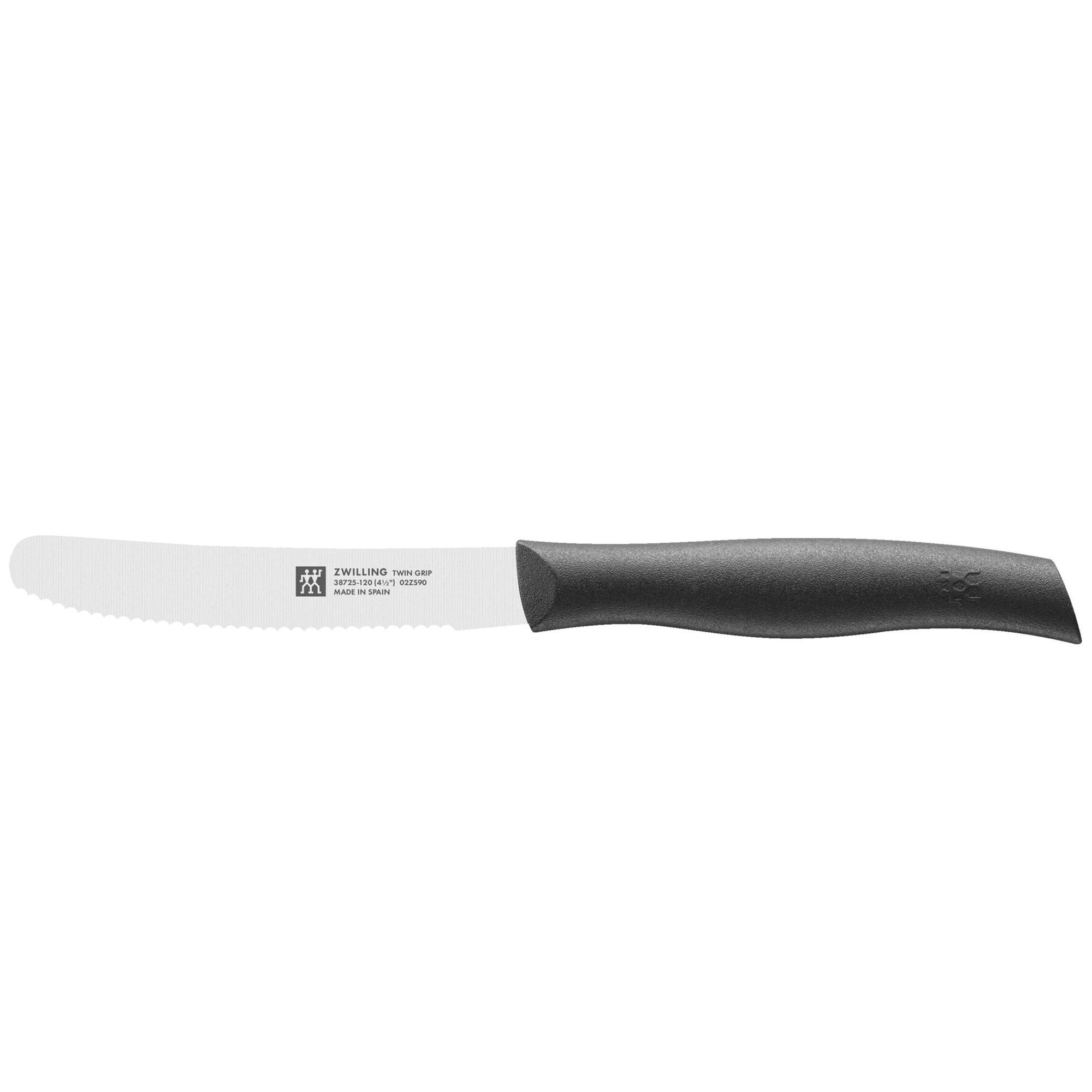Universalmesser mit schmaler Klinge und Griff, Serie Twin Grip von ZWILLING, in Schwarz, Klingenlänge 120 mm, freigestellt auf weißem Hintergrund.