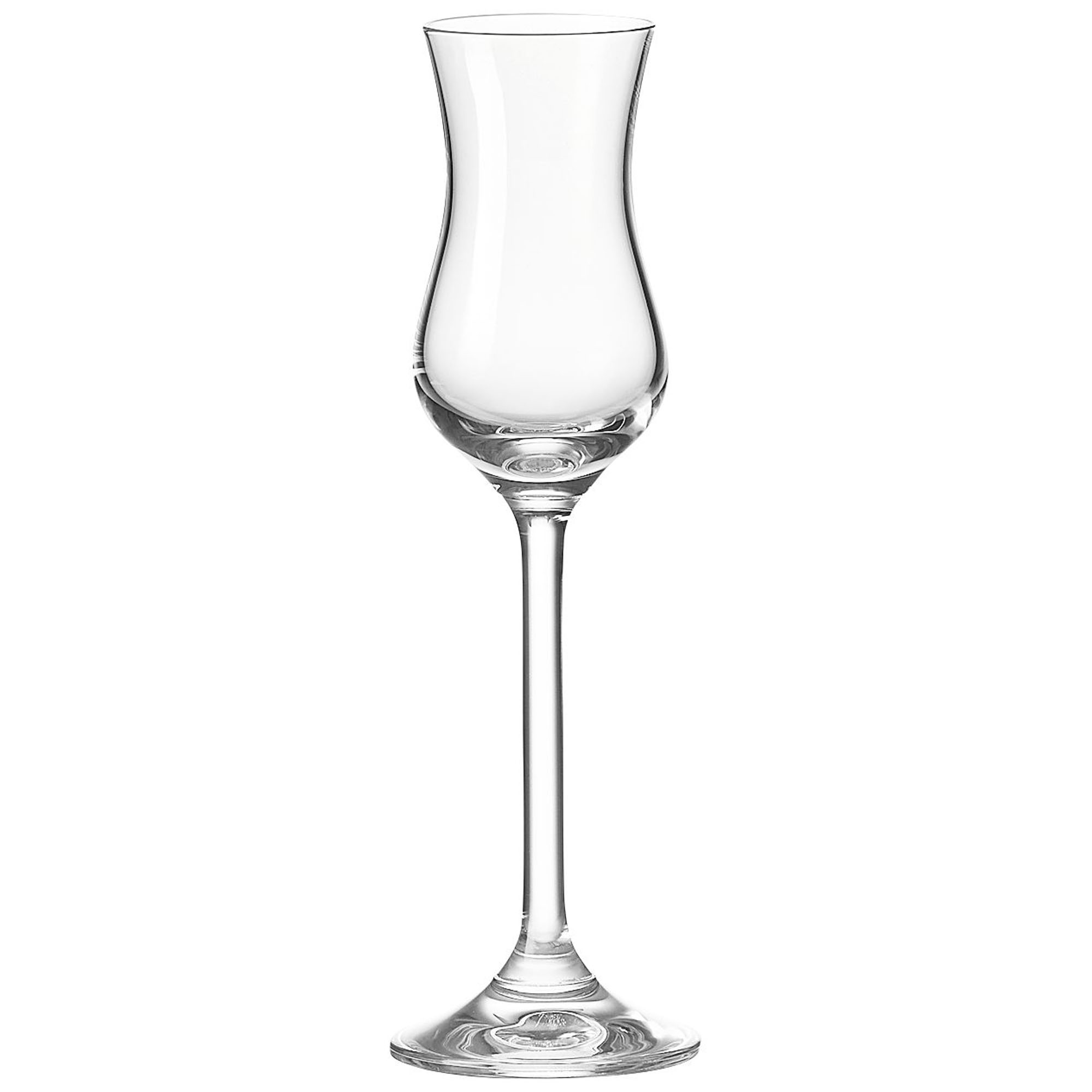 Leeres Likörglas mit schmalem Kelch und langem Stiel aus transparentem Glas