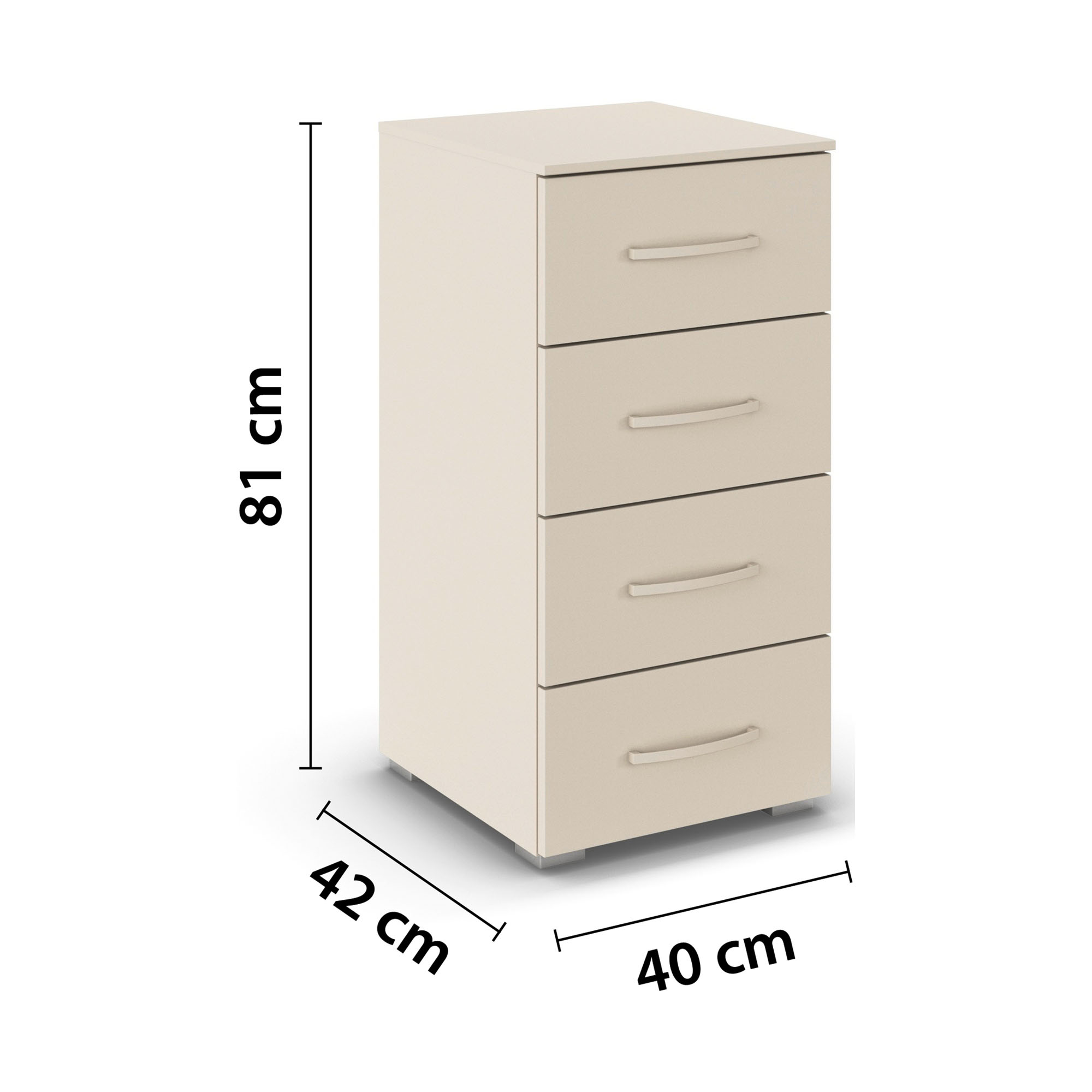 Schmale Kommode in Beige mit Maßangaben Breite 40 cm, Höhe 81 cm und Tiefe 42 cm mit vier Schubladen