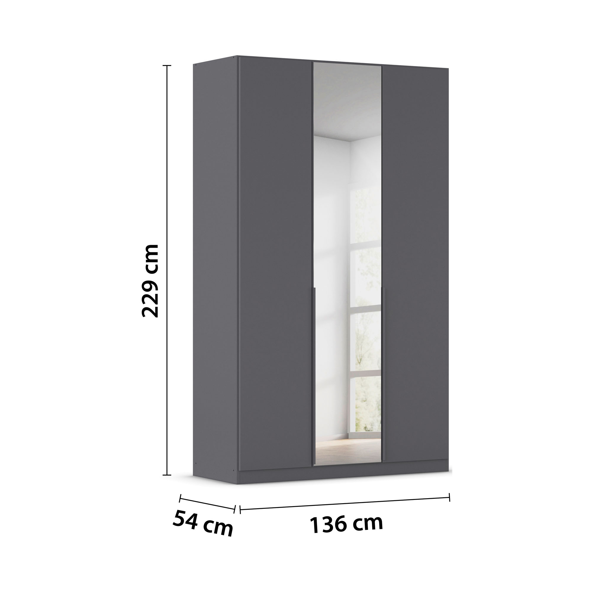 Grau-Metallicer Kleiderschrank mit eingezeichneten Maßen 136 cm Breite, 229 cm Höhe und 54 cm Tiefe