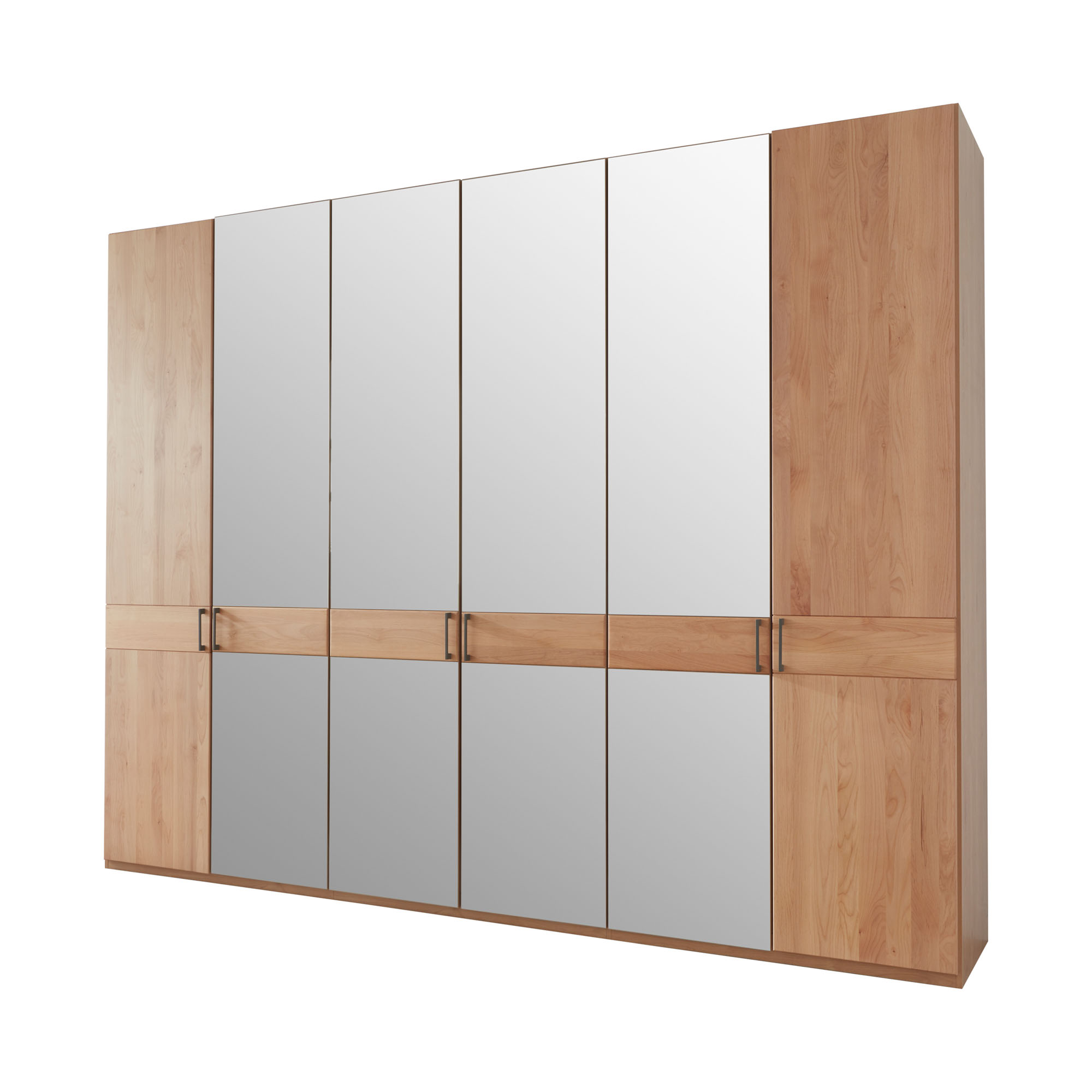 Großer Kleiderschrank mit mehreren Drehtüren in natürlicher Holzoptik und grauen Fronten mit durchgehender Querblende und Metallgriffen