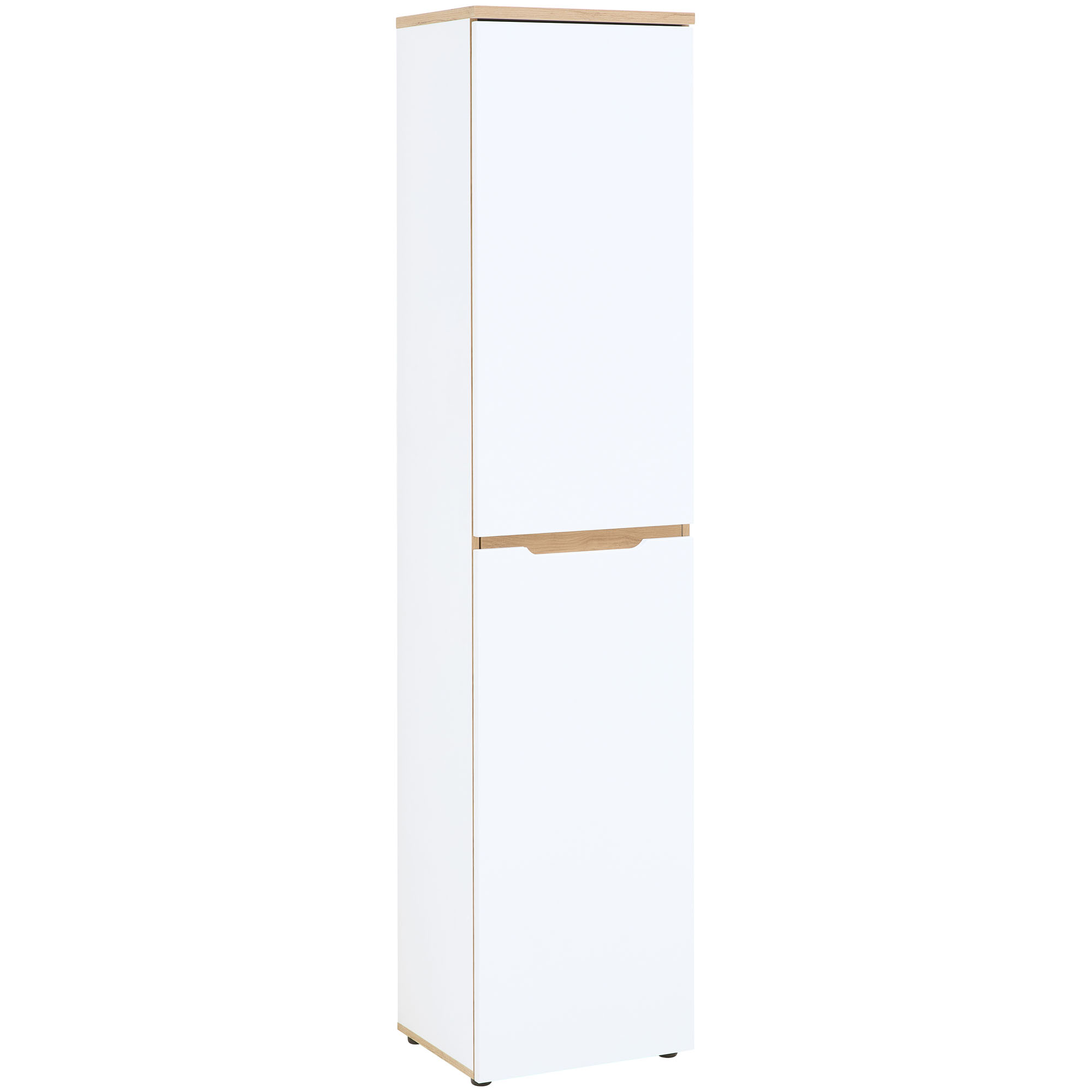 Schmale weiße Hochschrankfront mit einer durchgehenden Tür und sichtbaren Holzdetails