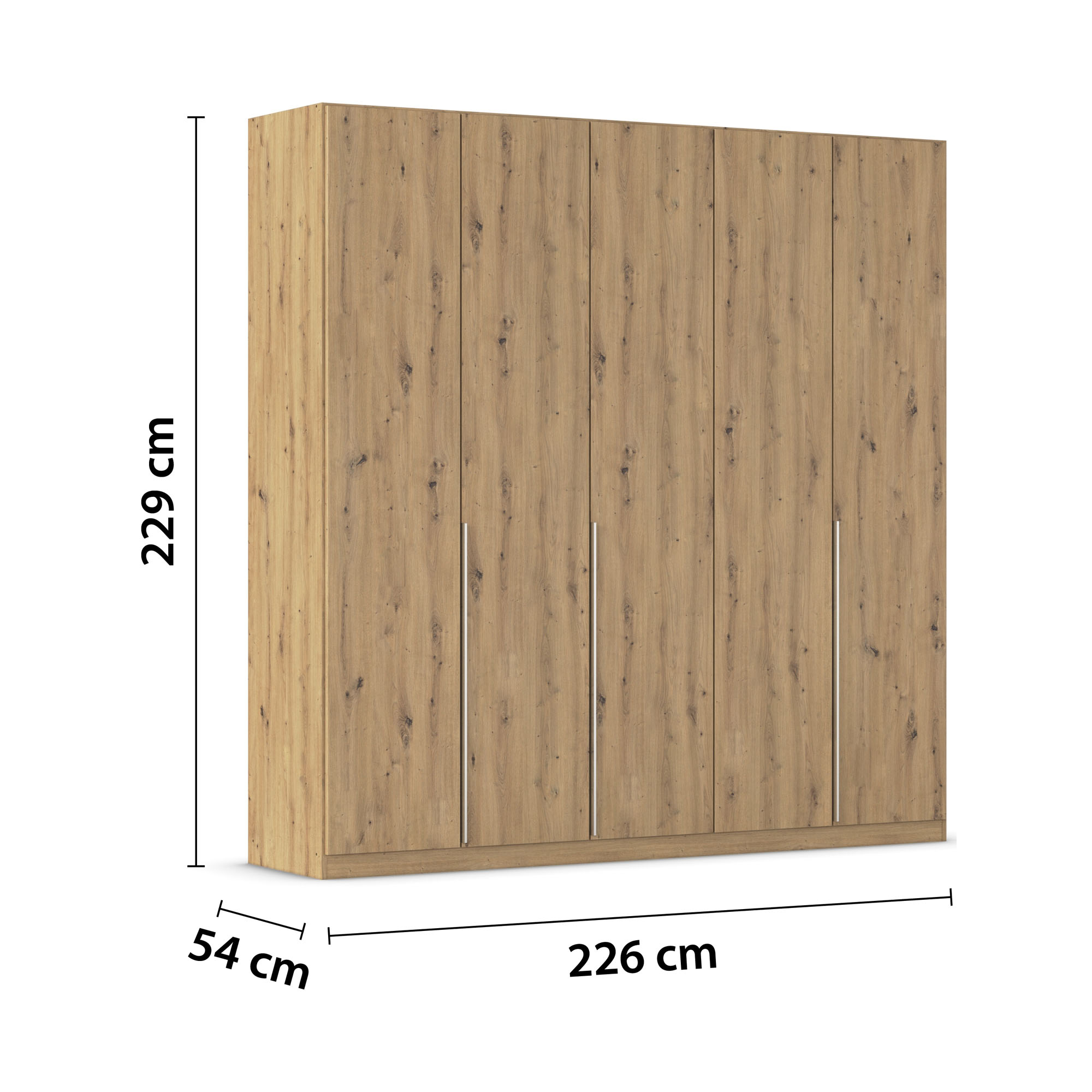 Kleiderschrank in Eiche Artisan mit eingezeichneten Maßen von 226 cm Breite, 229 cm Höhe und 54 cm Tiefe