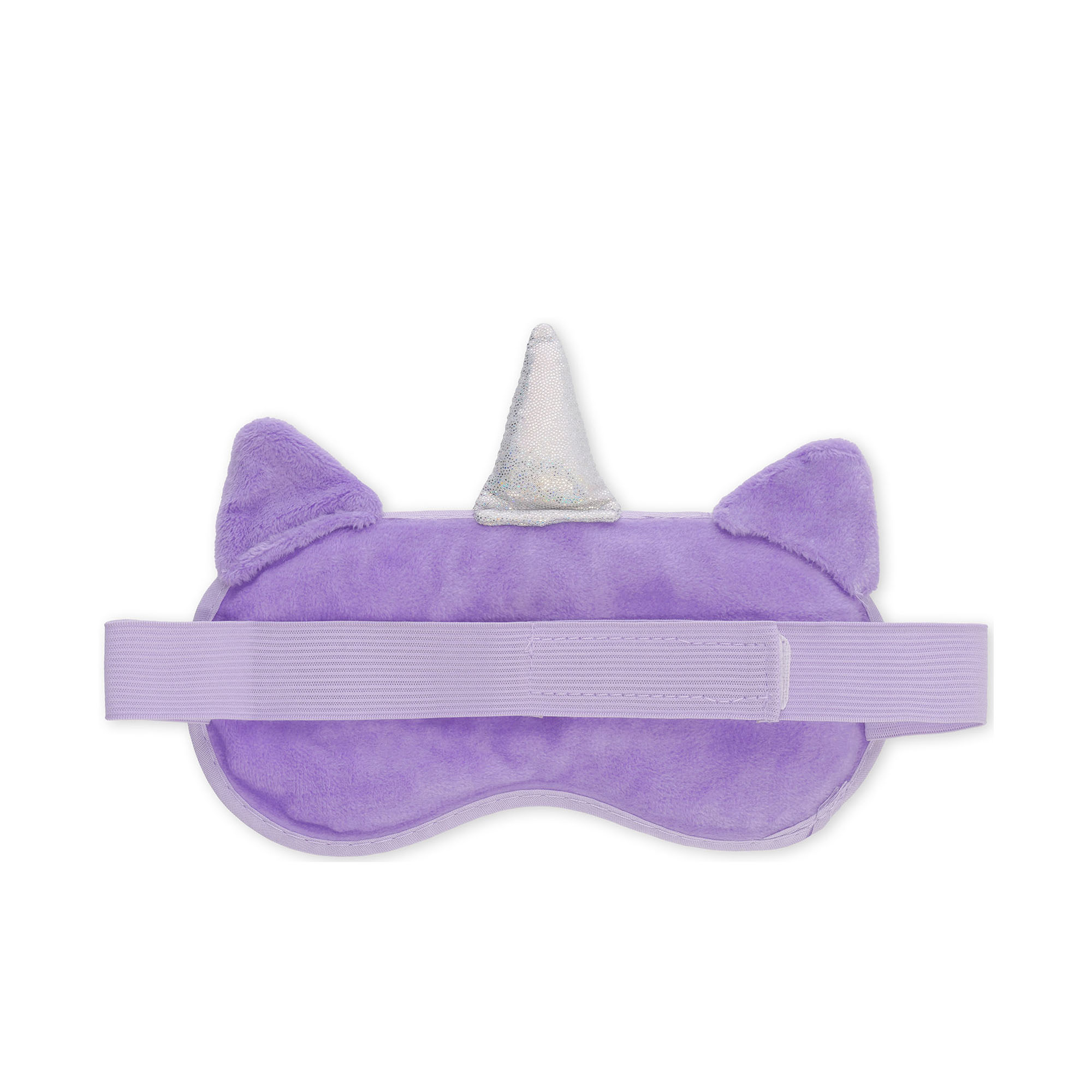 Lila Gel-Augenmaske im Einhorn-Design, flach von hinten mit querliegendem Halteband dargestellt.