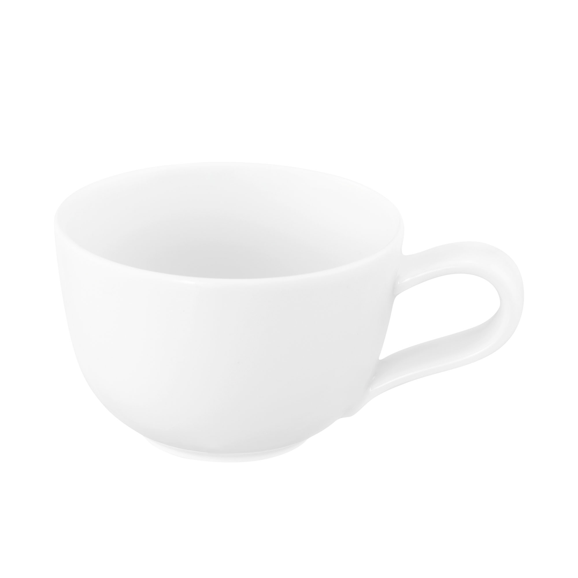 schräge Ansicht mit Henkel: Tasse in Weiß. Erkennbar: kompakte geradlinige Form mit eckigem Henkel.