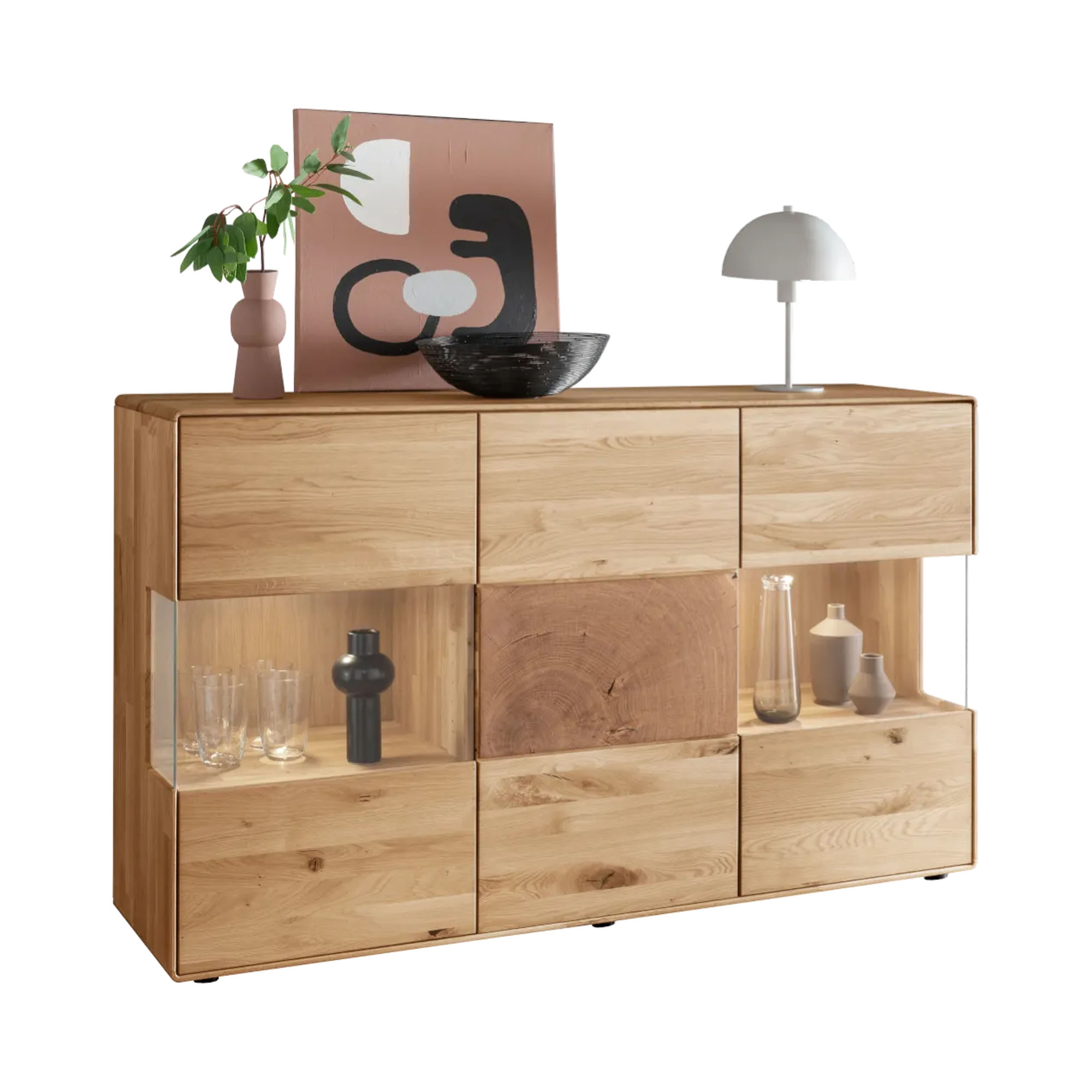 Sideboard aus Holz mit zwei Türen zwei Schubladen und offenen Fächern in freigestellter Ansicht mit Dekoration auf der Oberseite