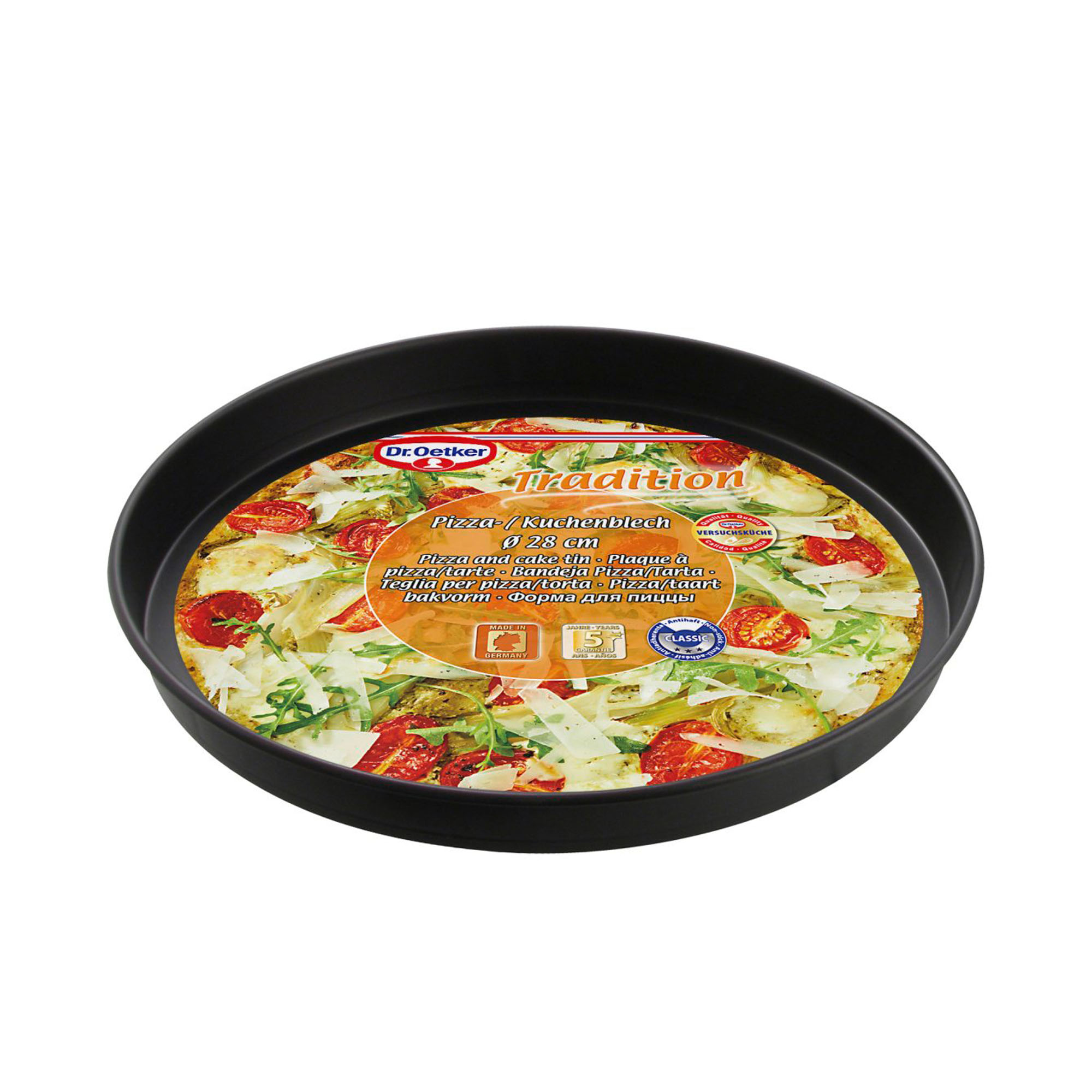 Rundes Backblech mit Verpackung und Abbildung einer belegten Pizza