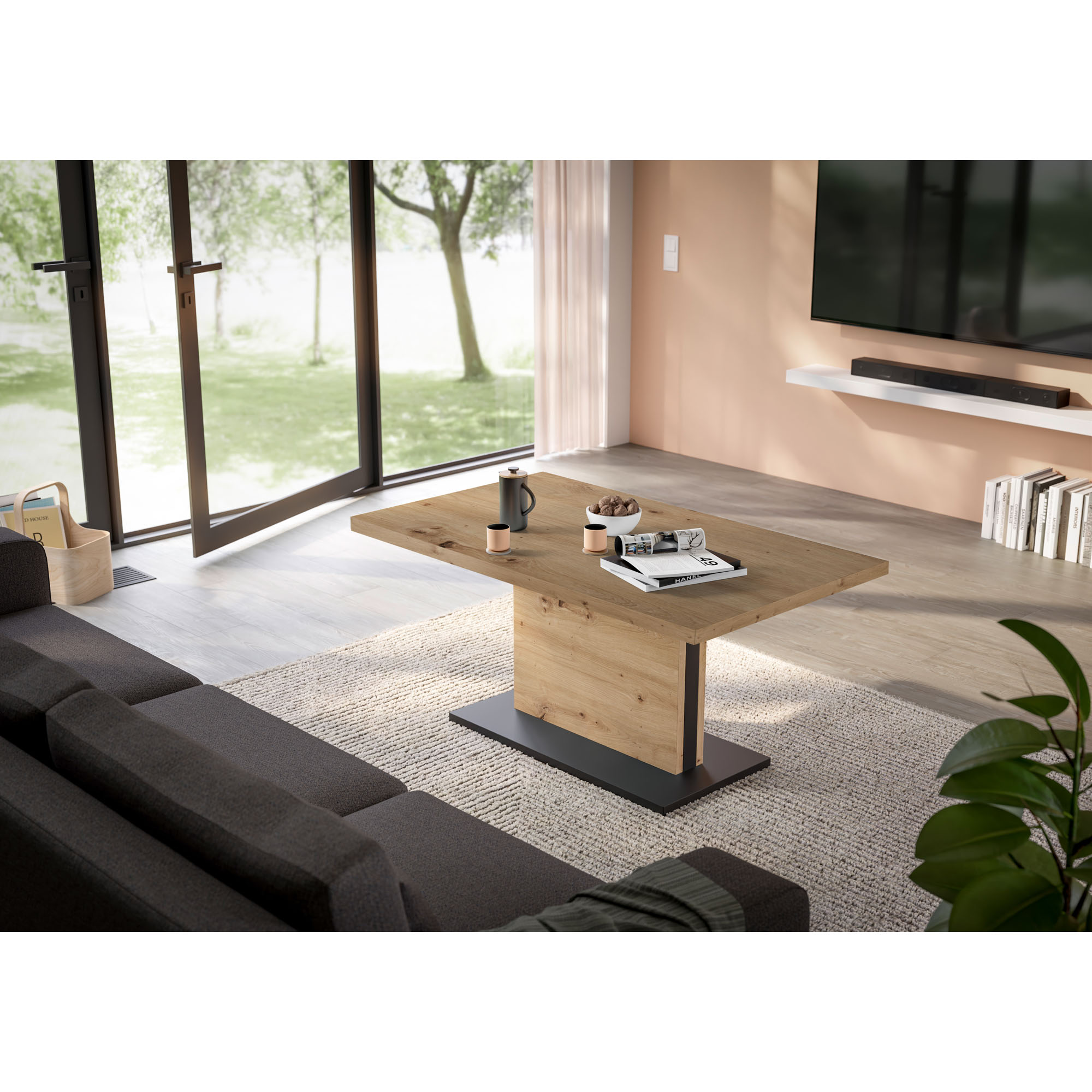 Stilvoller Couchtisch mit Eiche-Oberfläche und schwarzer Bodenplatte in modernem Wohnzimmer mit großen Fenstern und hellen Farben
