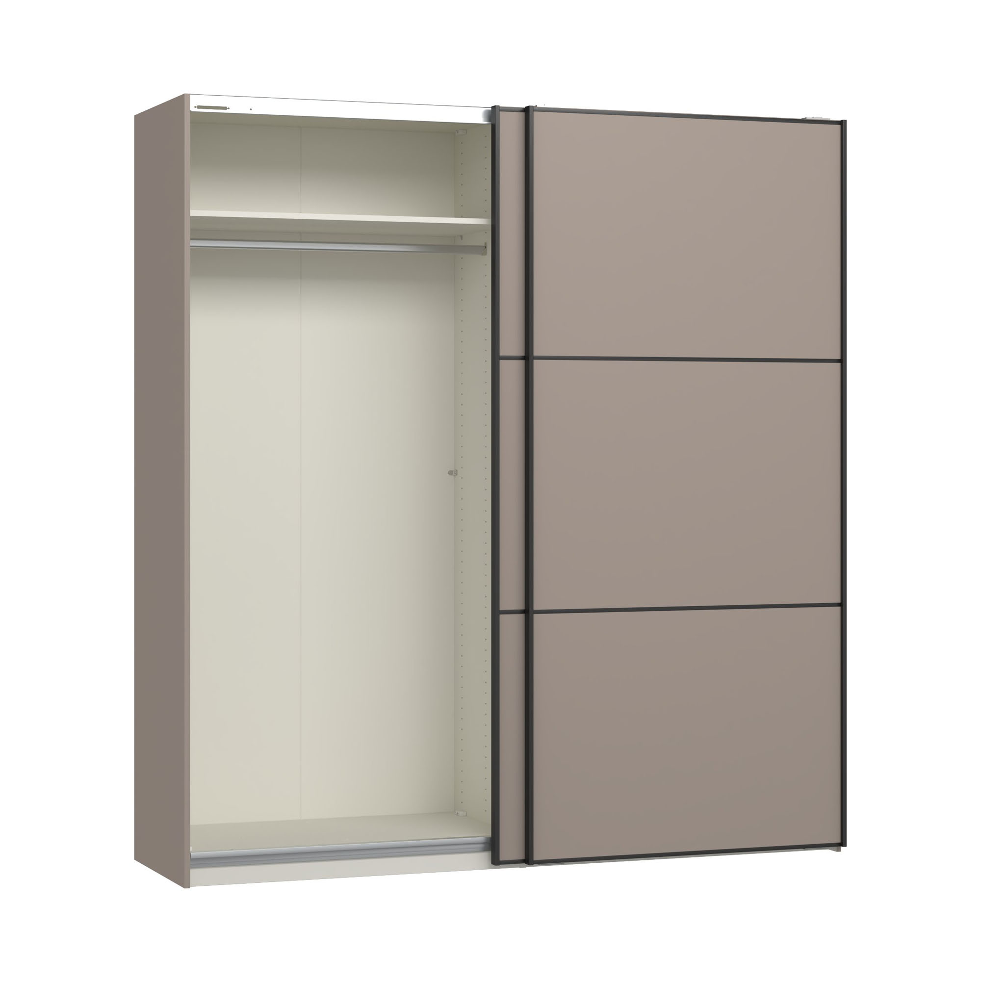 Schwebetürenschrank mit geöffneter linker Schiebetür und sichtbarem Innenraum mit Fachboden und Kleiderstange