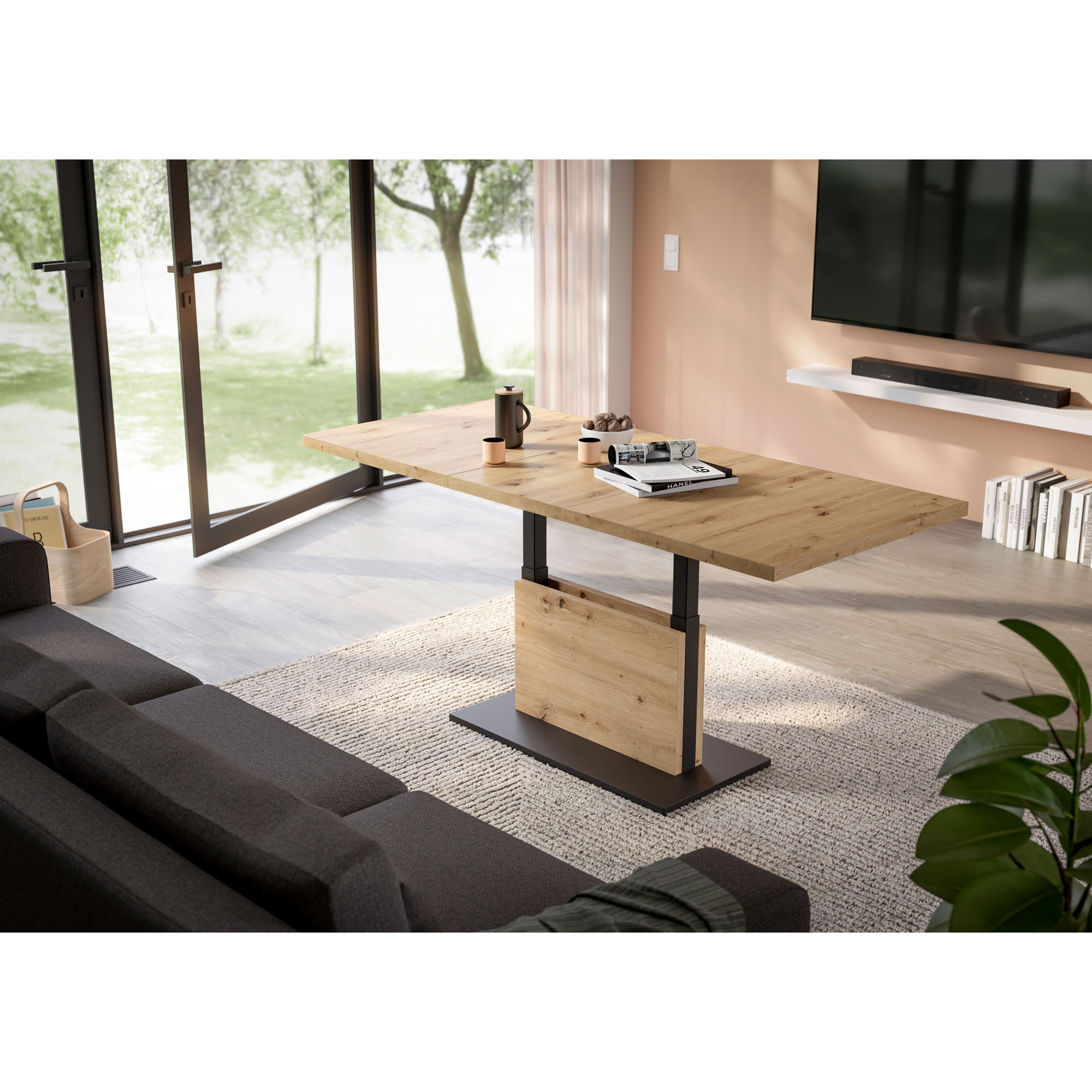 Couchtisch in Eiche mit schwarzem Gestell, ausgezogen im modernen Wohnzimmer mit hellen Farben und Sofa