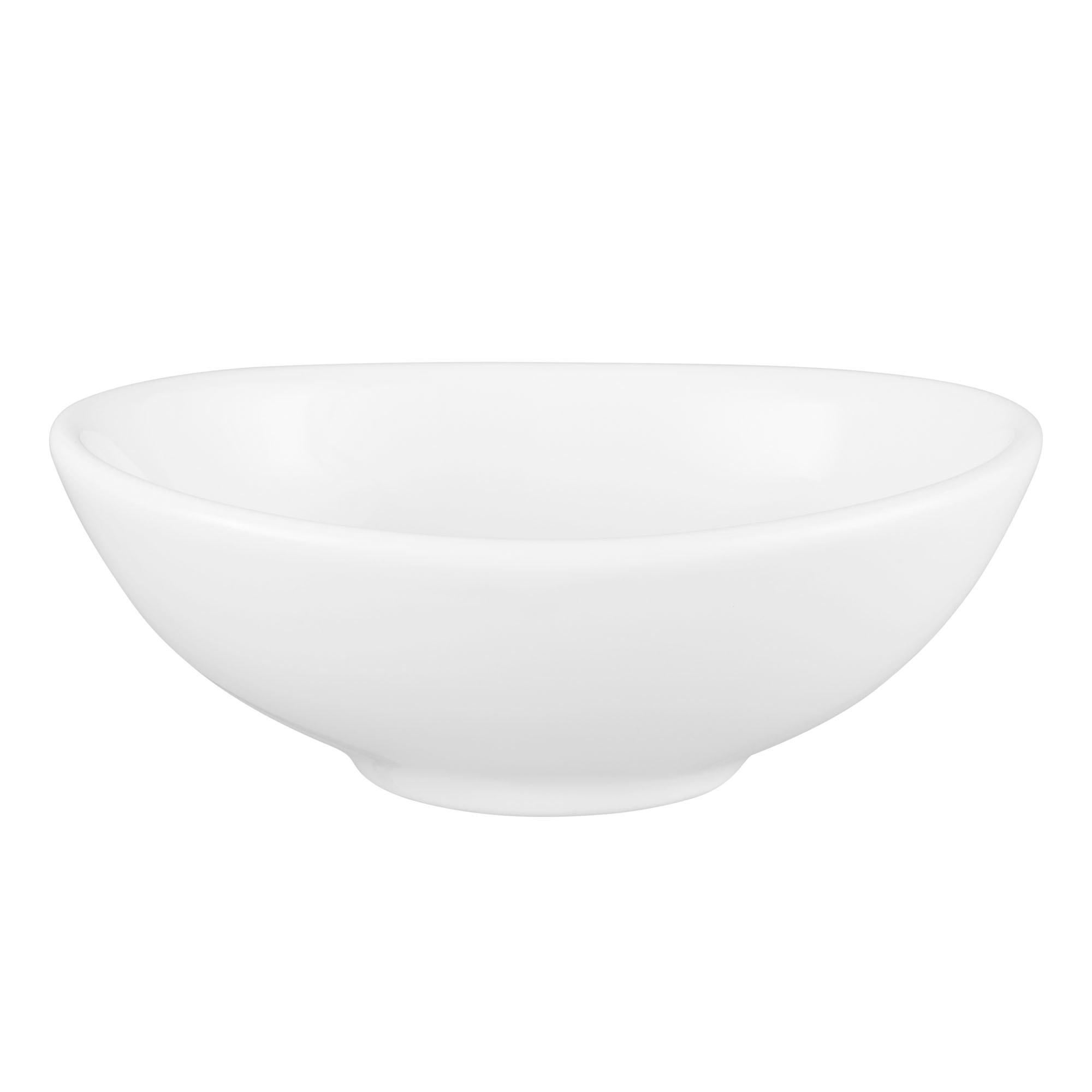 Schale in Weiß. oval, kompakt und weich gerundet. Ansicht: schräge Ansicht von vorn.