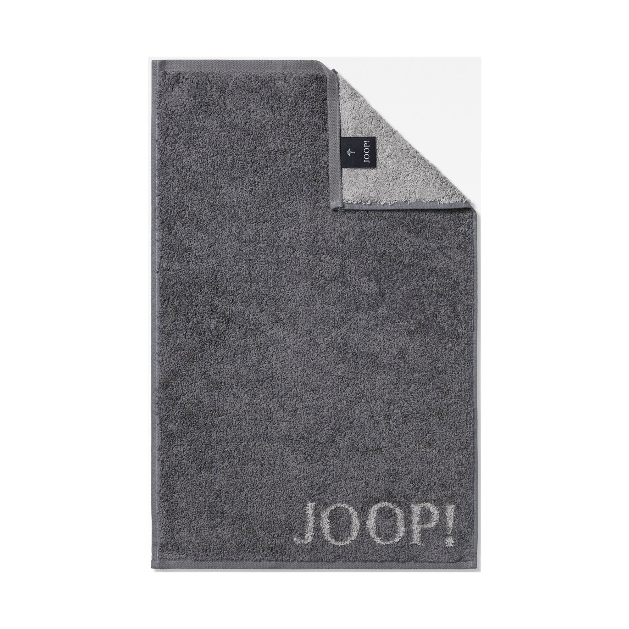 Anthrazitfarbener JOOP! Doubleface Gästetuch, 30 × 50 cm, flach dargestellt mit umgeschlagener Ecke, kontrastierender Rückseite und JOOP!-Schriftzug am unteren Rand.
