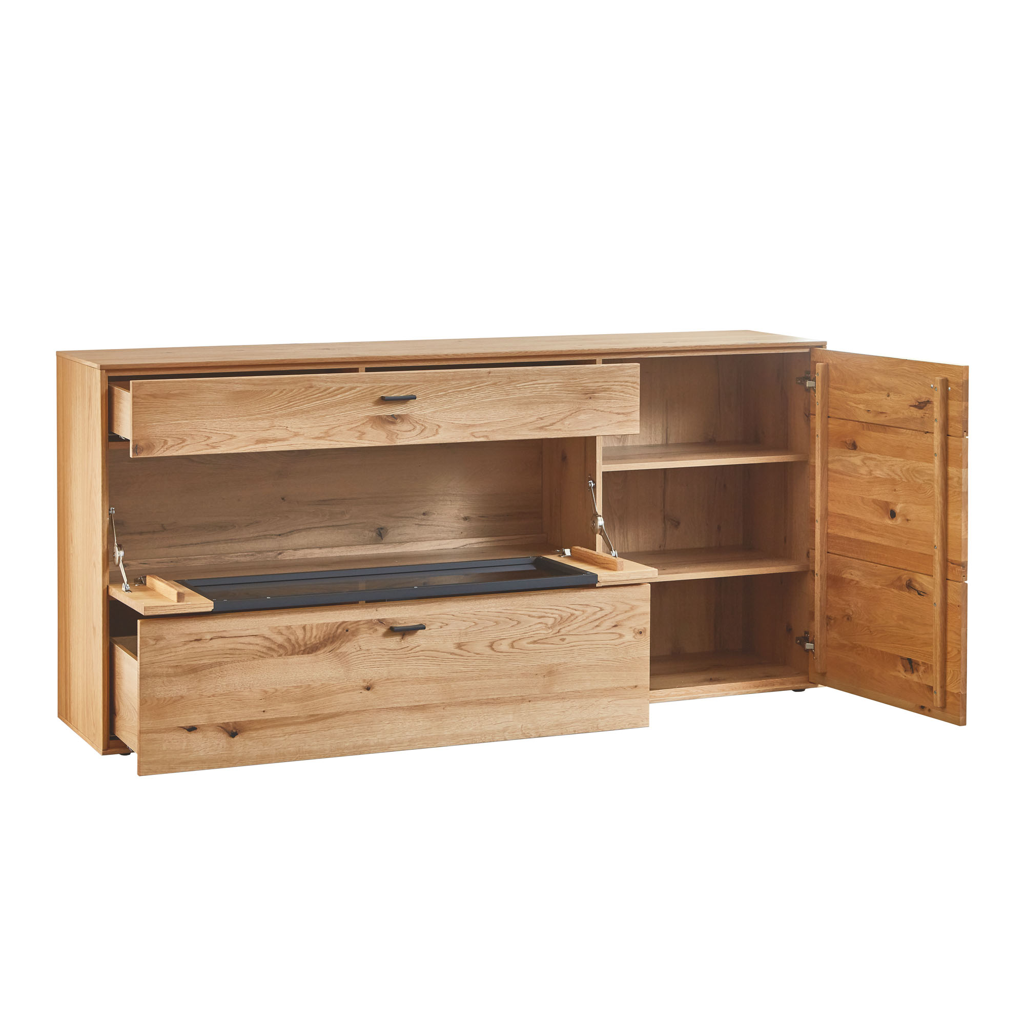 Moderne Wohnkombination aus Holz mit hoher Vitrine, breitem Lowboard und schwebendem Wandregal auf weißem Hintergrund