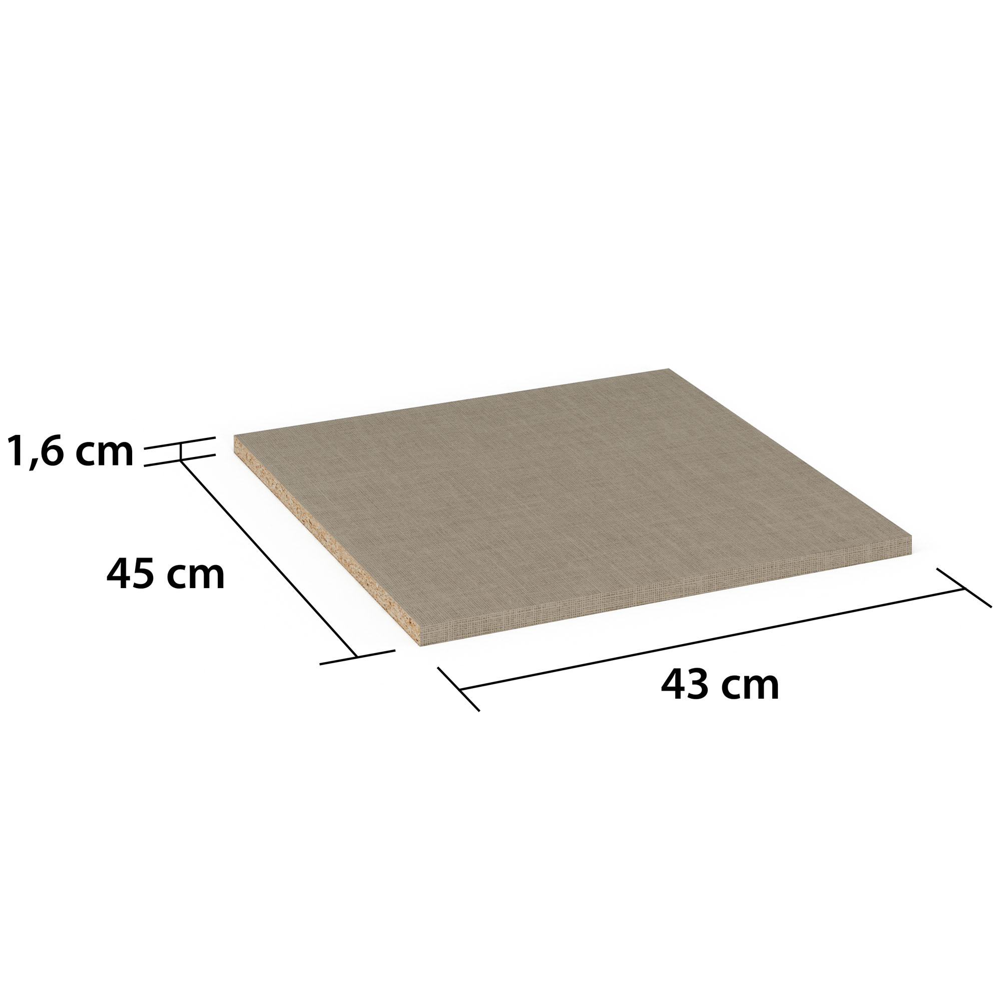 Einlegeboden in Holzoptik mit eingezeichneten Maßen Breite 45 cm, Tiefe 43 cm und Stärke 1,6 cm