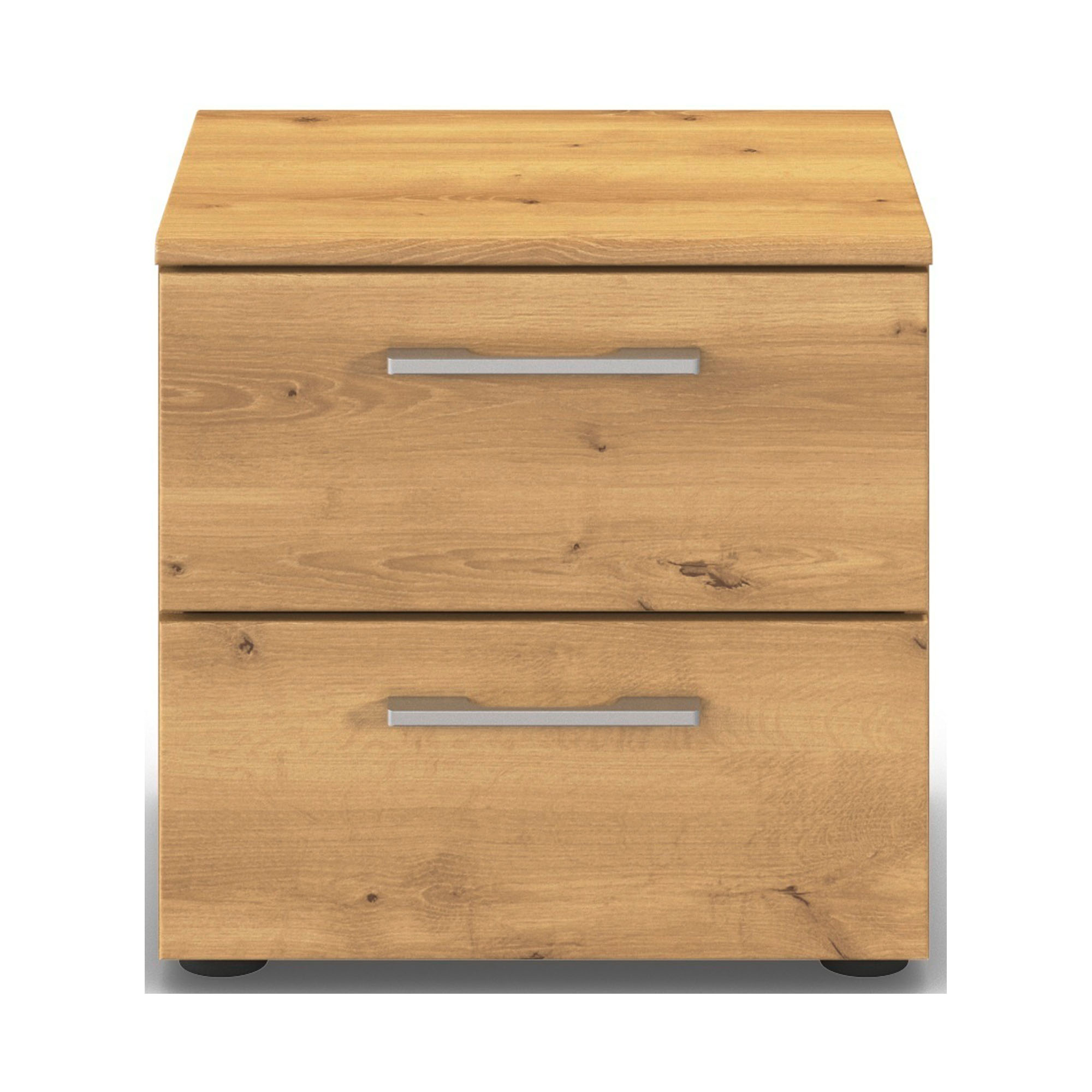Nachttisch in Eicheoptik mit zwei Schubladen und silberfarbenen Griffen in geradlinigem Design