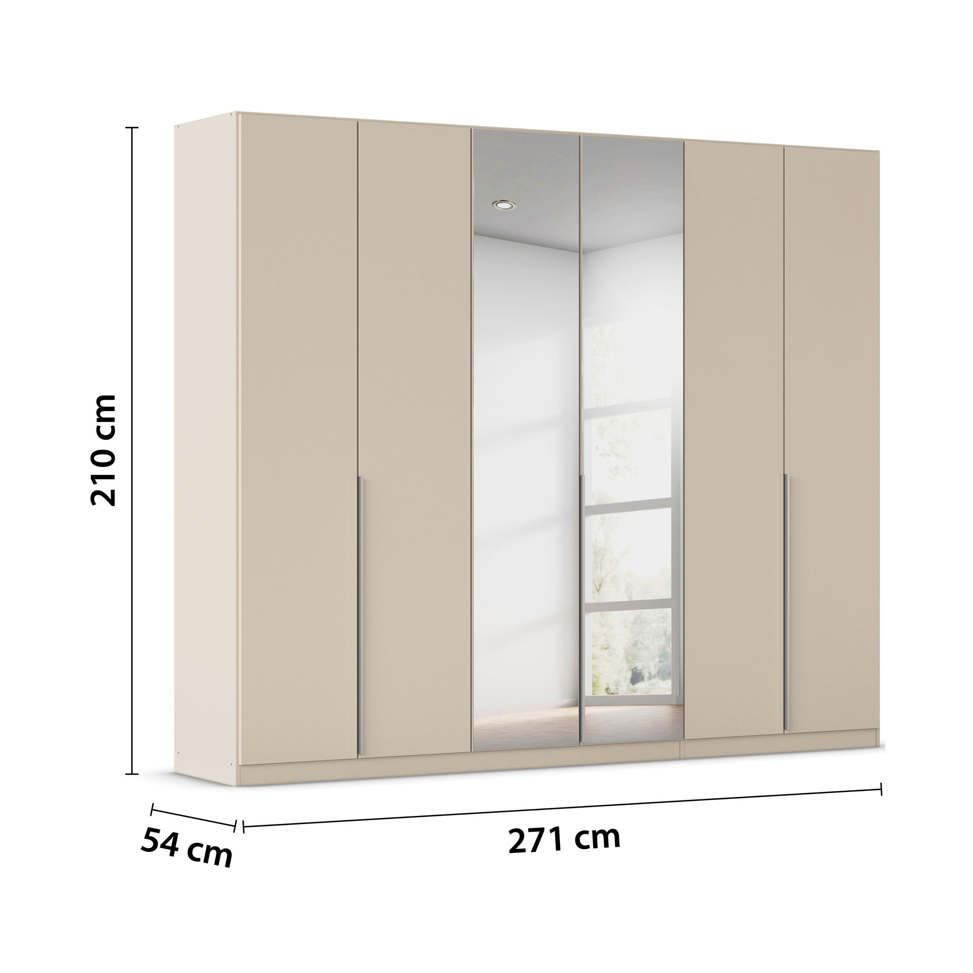 Champagnerfarbener Kleiderschrank mit Spiegeltüren und Maßangaben 271 cm Breite, 210 cm Höhe und 54 cm Tiefe