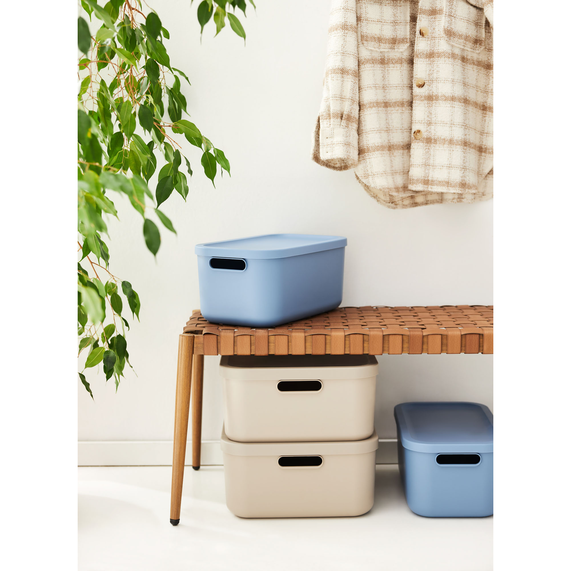 Blaue und beige Aufbewahrungsboxen aus Kunststoff neben einem Möbelstück im Wohnbereich