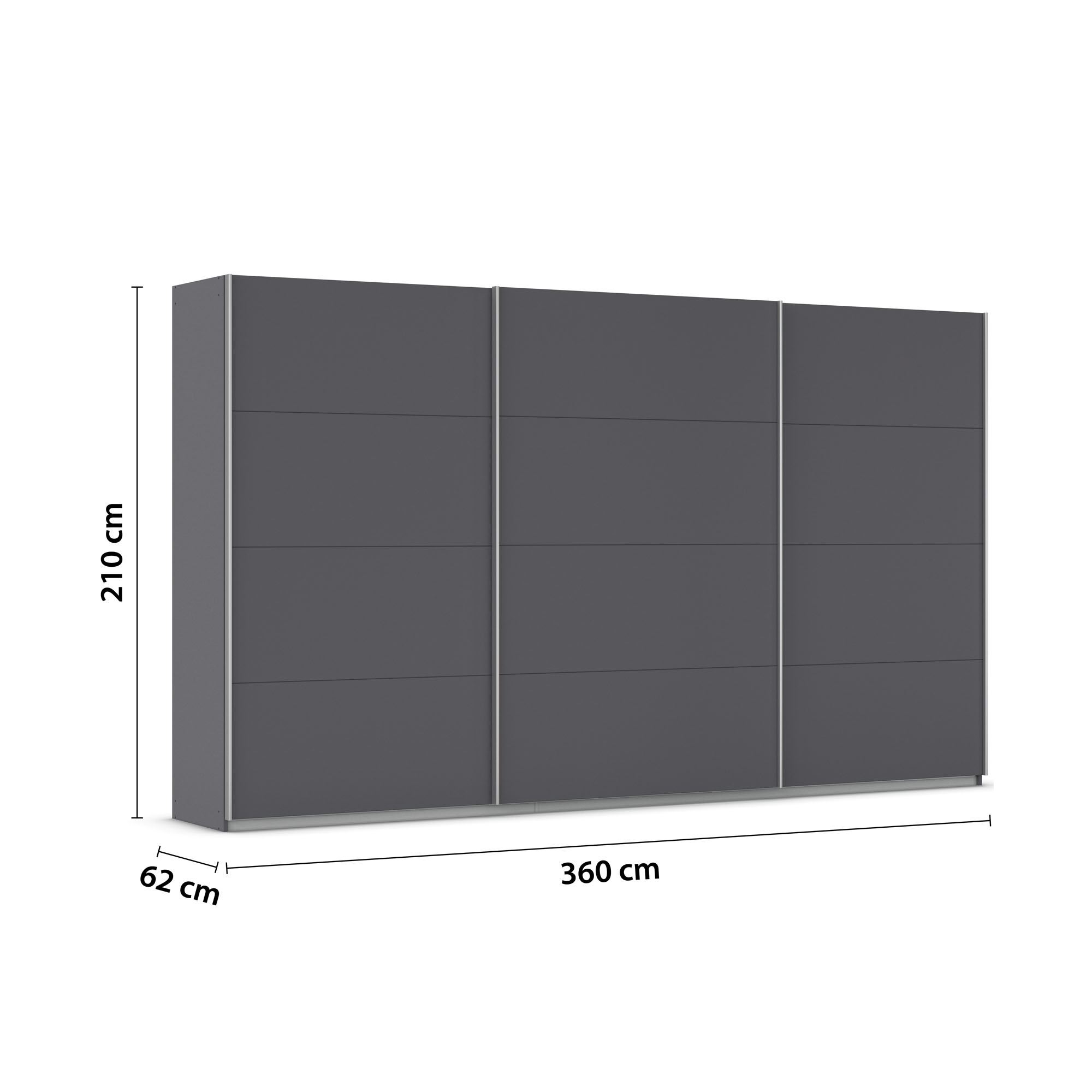Kleiderschrank mit eingezeichneten Maßen von 360 cm Breite, 210 cm Höhe und 62 cm Tiefe