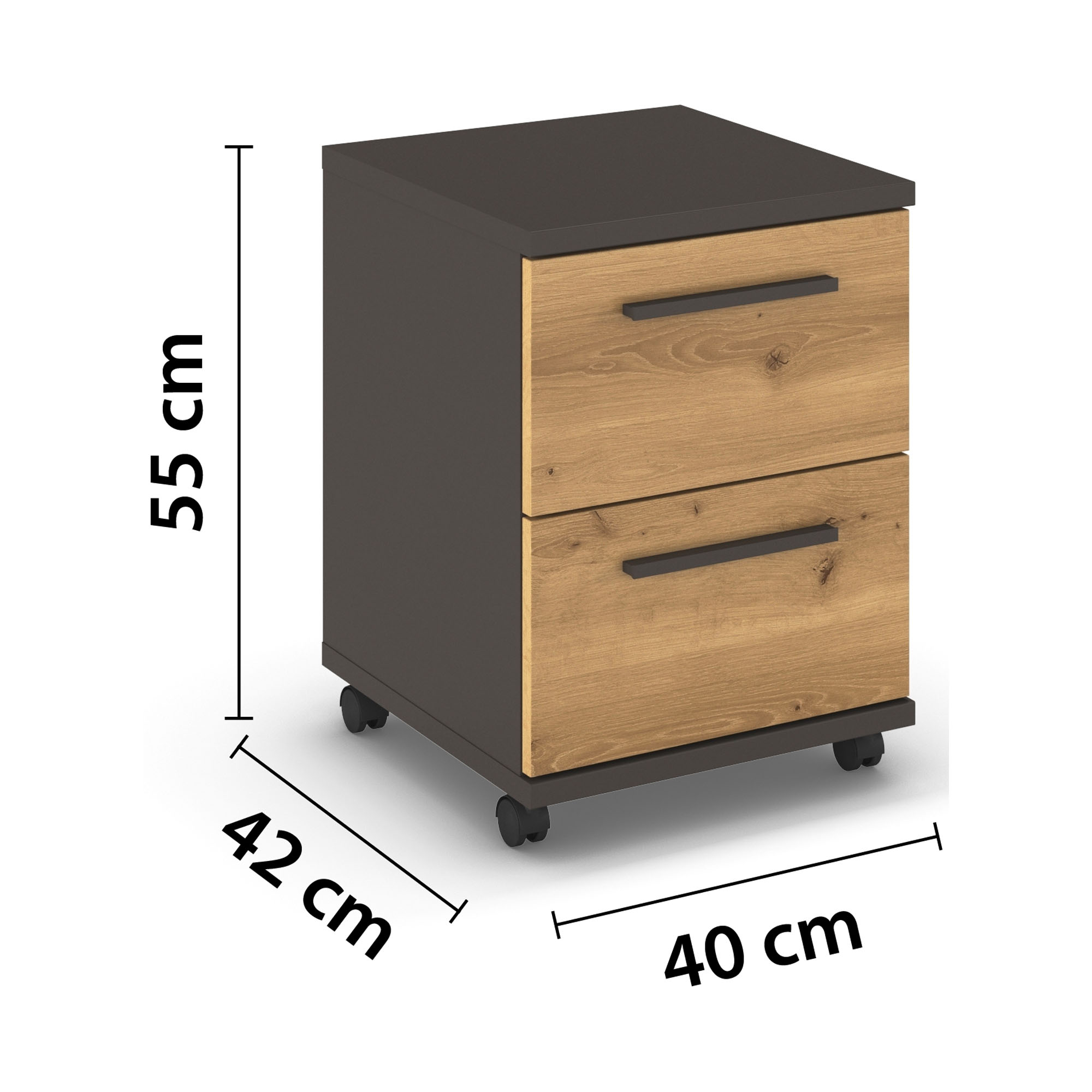 Rollcontainer mit Korpus in Graphit, Front in Asteiche und 2 Schubkästen, in Schrägansicht mit eingeblendeten Maßen dargestellt.