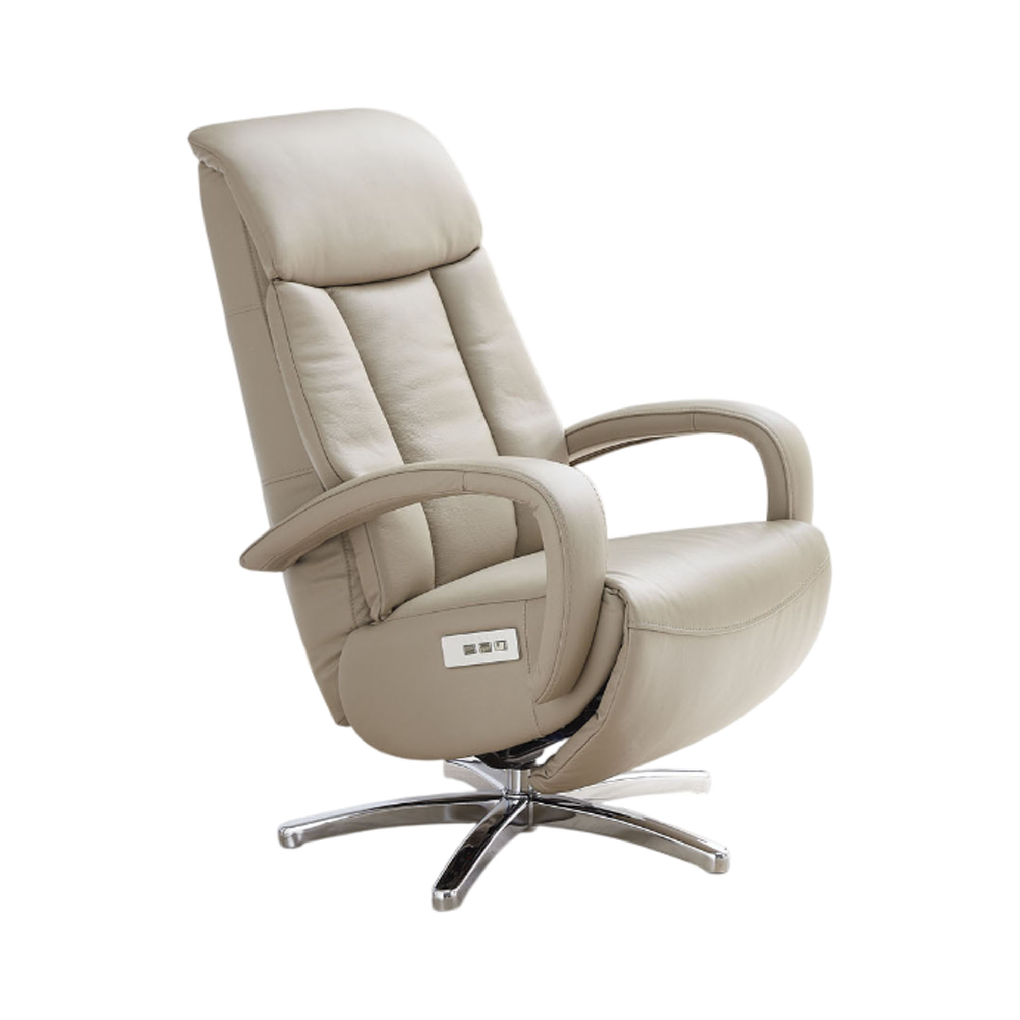 Moderner Relaxsessel in beige mit Armlehnen und Metallfuß, aufgestellt in hellem Wohnraum mit Fensterfront