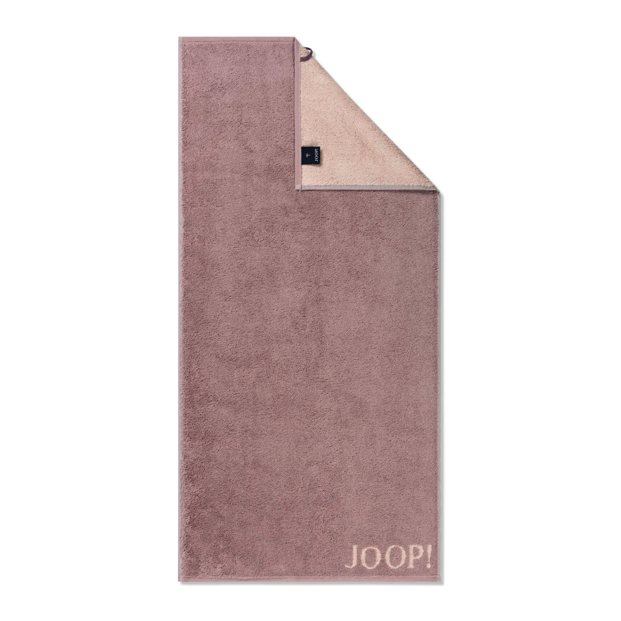 Roséfarbener JOOP! Doubleface Handtuch, 50 × 100 cm, flach dargestellt mit umgeschlagener Ecke, kontrastierender Rückseite und JOOP!-Schriftzug am unteren Rand.